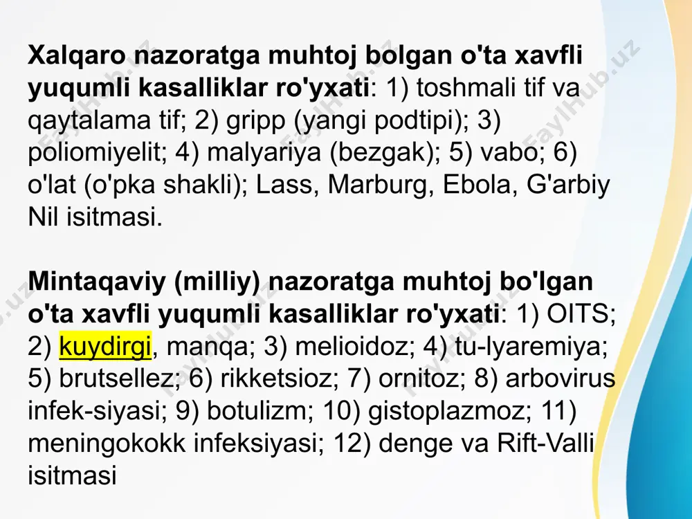 unligi 5-10 mkm, eni 1-2 mkm, organizmda ko'pincha juft yoki kalta zanjir, oziq muhitlarda esa uzun zanjir shaklida joylashadi (streptobatsilla). nukleoid dnk tarkibida g+s 32-62% ni tashkil etadi. batsillalar harakatsiz, tashqi muhitda noqulay sharoitda spora hosil qiladi, sporasi bakteriyaning markazida joylashib, tuxumsimon shaklda ko'rinadi, diametri bakteriya enidan katta emas, ular grammusbat bo'yaladi. oʻsishi. kuydirgi kasalligining qo'zg'atuvchisi aerob va fakultativ anaerob, ph 7,0-7,4 bo'lgan oddiy muhitlarda 35-37°c da (chegarasi 15-42°c) yaxshi o'sadi, go'sht-peptonli agarda o'stirilganda r-shakldagi yirik, chetlari g'adir-budir koloniyalar hosil qiladi. ularni mikroskop ostida kichik obyektiv yordamida ko'rilganda, ko'rinishi «sherning yolini» eslatadi. bunday kulturalar virulent bo'ladi. sillių s-shakldagi kulturalar esa kam virulentli bo'lib, organizmda kapsula hosil qilmaydi. kapsulasining yo'qligi mikrob virulentligining kamayishiga sabab bo'ladi. fermentativ xususiyati. batsillalar glyukoza, saxaroza, maltoza va boshqa qandlarni kislota hosil qilib, parchalaydi. ular degidroza, lipaza, diastaza, peroksidaza, katalaza fermentlarini ishlab chiqaradi. agar bu mikrobni tik qotirilgan jelatinaga sanchib ekilsa, avval jelatinaning ustki qismi suyuladi, so'ng …