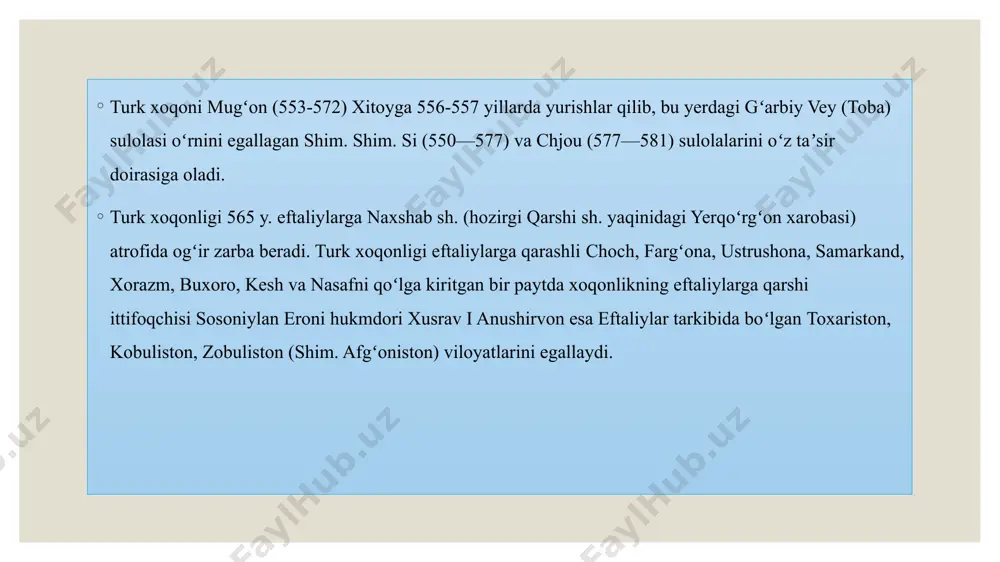 nlar va to‘lovlar bilan kifoyalanganlar. bundan ko‘rinadiki, turk xoqonligi davrida bu hududdagi mavjud mahalliy davlat tuzilmalari, ularning boshqaruv tizimlari saqlanib, ichki siyosat bobidagi mustaqil faoliyatlari davom etgan. xoqonlik istisno hollardagina o‘lkaning ijtimoiy-siyosiy hayotiga aralashardi. bu narsa ko‘proq tashqi siyosat, xalqaro savdo-sotiq masalalariga daxl etardi. xitoy manbalarida ta’kidlanganidek, zarafshon, amudaryo va qashqadaryo vohalarida bu davrda 9 ta mustaqil hokimlik-davlatlar mavjud bo‘lgan: samarqand, ishtixon, maymurg‘, kesh, nahshab, kushon, buxoro, amul va andxoy shular jumlasidandir. ayniqsa samarqand, buxoro, xorazm va choch (toshkent) hokimliklari o‘zlariga ancha mustaqil bo‘lganlar. buxorxudotlar zarb etgan tanga pullar keng muomalada bo‘lgan. shu bilan birlikda bu davlat hokimliklari o‘rtasida o‘zaro adovat, kurash, ichki ziddiyatlar to‘xtovsiz bo‘lib turgan. bu esa mahalliy aholi hayoti, turmushini nochor ahvolga duchor etgan. 585-586 yillarda buxoroda zodagon dehqon va boy savdogarlarga qarshi qo‘zg‘olon ko‘tariladi. unga obro‘y boshchilik qiladi. hoqon qora-cho‘rin qo‘shinlari qo‘zg‘olonni bostirib, qo‘zg‘olonchilarni qattiq jazolaydi. vii asr ikkinchi yarmida ancha kuchayib ketgan xitoy o‘rta osiyo …