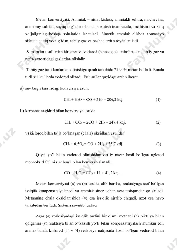 jmi azot va biroz konversiyalanmagan uglerod oksidi bo’ladi. metan konversiyasi jarayoni umumiy holatda issiqlik yutilishi va hajm ortishi bilan sodir bo’ladi, shuning uchun le-shatelьe printsipiga muvofiq, haroratning ortishi va bosimning kamaytirilishi is gazi va vodorodning muvozanatdagi kontsentratsiyasini oshishiga, metan miqdorining esa kamayishiga olib keladi. shuningdek, gazlar aralashmasida suv bug’i miqdorining ortishi ham metanning to’la konversiyalanishiga olib keladi. metan konversiyasi atmosfera bosimiga yaqin (1,7-1,9 atm) bosimda yoki yuqori (17-30 atm) bosimda amalga oshiriladi. bosimning ortishi bilan gazlar aralashmasidagi metanning muvozanatdagi miqdori ortadi va shuning uchun ma’lum miqdorda qoldiq metan qolguncha jarayonni o’tkazish uchun nisbatan yuqori harorat talab etiladi. metanning konversiya jarayonini yuqori bosimda o’tkazish qulaydir, chunki yuqori bosimli sharoitda jihozlar va o’tkazgich quvurlar hajmi kamayadi. metanning konversiyasi katalizator ishtirokida 800-1100os haroratda (ch4 ning katalitik konversiyasi) va katalizatorsiz 1350-1400os haroratda (yuqori haroratli konversiya) o’tkaziladi. bu jarayon uchun katalizator sifatida nikelning alyuminiy oksid yoki magniy oksid bilan aralashmasi (past bosim uchun giap-3, yuqori …