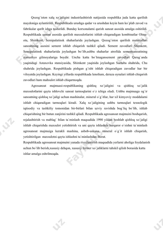 b chiqaradigan zavodlar joylashgan. shimkentda kimyo farmaseftika zavodi aholi uchun kerakli dori-darmon mahsulotlarini ishlab chiqarmoqda. qurilish materiallari sanoati majmui. revolyutsiyaga qadar respublikada deyarli rivojlangan edi. respublikaning shahar va qishloqlarida asosiy qurilish materiallari sifatida xom g`ishtdan foydalanilar edi qozog`iston xalq xo`jaligini industrlashtirish natijasida respublika juda katta qurilish maydoniga aylantirildi. respublikada urushga qadar va urushdan keyin ham ko`plab zavod va fabrikalar qurib ishga tushirildi. bunday korxonalarni qurish sanoat asosida amalga oshirildi. respublikada sanoat asosida qurilish maxsulotlarini ishlab chiqaradigan kombinatlar olma-ota, shimkent, semipalatinsk shaharlarida joylashgan. qozog`iston qurilish materiallari sanoatining asosini sement ishlab chiqarish tashkil qiladi. sement zavodlari shimkent, semipalatinsk shaharlarida joylashgan bo`lib,ushbu shaharlar atrofida sementsanoatining xomashyo gilmoyalariga boydir. uncha katta bo`lmagansement zavodlari qarag`anda yaqinidagi astaxovka stansiyasida, shimkent yaqinida joylashgan saetuba shahrida, chu shahrida joylashgan. respublikada pishgan g`isht ishlab chiqaradigan zavodlar har bir viloyatda joylashgan. keyingi yillarda respublikada lenolium, deraza oynalari ishlab chiqarish zavodlari ham mahsulot ishlab chiqarmoqda. agrosanoat majmuasi-respublikaning qishloq xo`jaligini va qishloq …