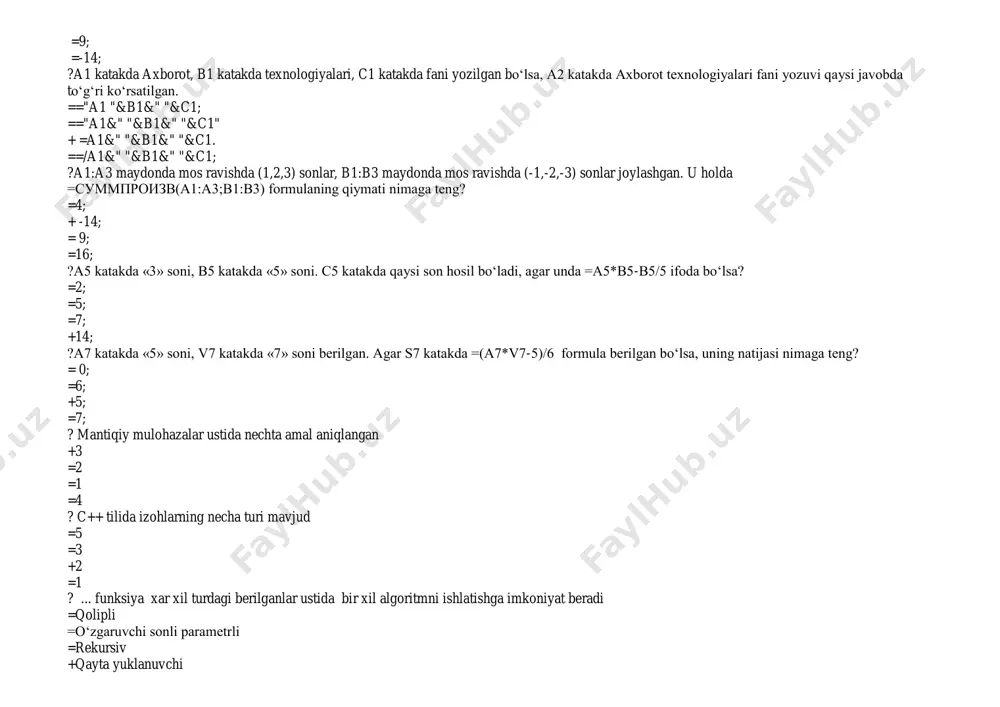 lgan identifikator +davomida ikki nuqta(‘:’) qo’yilgan identifikator =davomida nuqta vergul(‘;’) qo’yilgan identifikator =davomida panjara(‘#’) qo’yilgan identifikator ? c++ tilida oldin opretorni yoki blokni bajarib keyin takrorlash shartini tekshiruvchi operator qaysi? =while =for +do-while =bunday takrorlash opratori mavjud emas ? c++ tilida programma tanasida qo’yilgan nishonga shartsiz o’tish opratori to’g’ri ko’rsatilgan javobni toping. =go =go … to +goto =continue ? c++ tilida qandaydir butun x sonining absolyut qilymati qaysi funksiya yordamida aniqlanadi? =fabs(x) =exp(x) +abs(x) =ceil(x) ? c++ tilida quyidagi programma qismi ishlaganda ekranga qanday natija chiqadi? int a=234; for (;a>10;) a/=10; cout 0,a/=10); cout 1; 2; 3)uchun noto’g’ri tavsifni ko’rsating = 2 - takrorlashni bajarish yoki yo’qligini aniqlabbеruvchi mantikiy ifoda, agar shart rost bo’lsa,takrorlash davom etadi, aks xolda yo’q = 3 - odatda takrorlash sanagichi qiymatini oshirish(kamaytirish) uchun xizmat qiladi yoki buyerda takrorlashshartiga tasir kiluvchi boshqa amallar bo’lishi mumkin. + 2 - takrorlash sanagichi vazifasini bajaruvchi o’zgaruvchisiga boshlang’ich qiymat bеrishga …