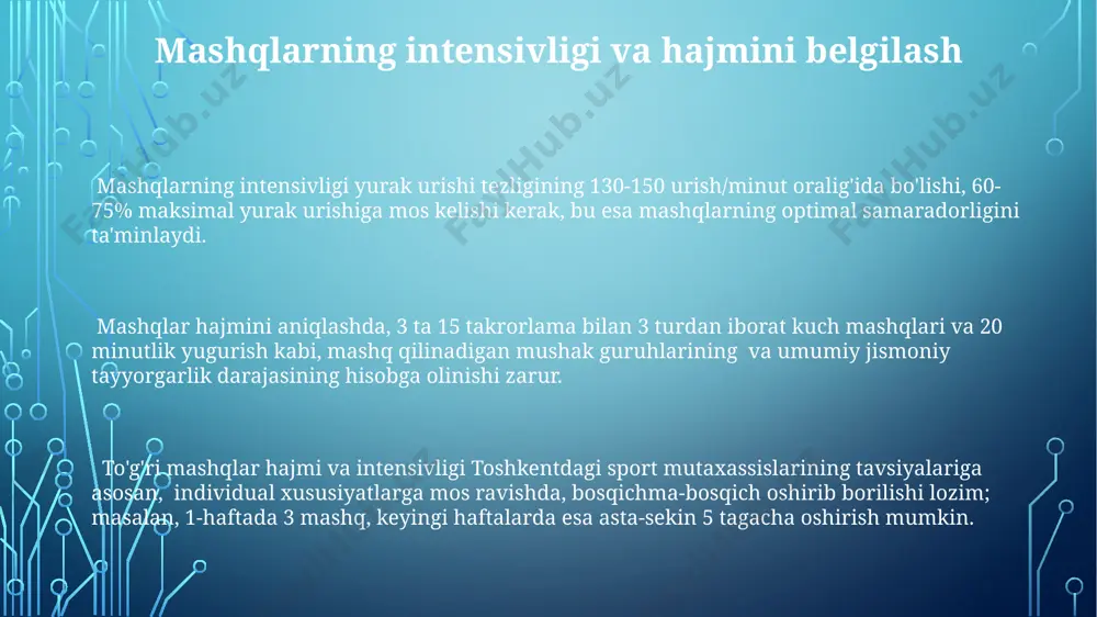 orligini baholashda muhim ahamiyatga ega bo'lib, 5% dan yuqori o'zgarishlar ijobiy hisoblanadi. mashqlarning samaradorligini baholashda, 30 nafar ishtirokchining toshkent shahridagi sinovlardan olingan ma'lumotlarga asoslanib, yurak urishi tezligining o'rtacha 15% ga oshishi optimal natija hisoblanadi. trening rejasini tuzish farg'onada o'tkaziladigan musobaqalar uchun tayyorgarlikda sportchilarning yoshi va tajribasiga qarab, 60-90 minutlik yuqori intensivlikdagi intervalli mashqlarni rejalashtirish maqsadga muvofiq. samarqanddagi sport maktabida o'quvchilar uchun kuch mashqlari tanlashda 3-5 takrorlash bilan 8-12 ta mashq bajarish, mushaklarning o'sishini va kuchini oshirishga qaratilgan bo'lishi kerak. toshkentdagi sport zalida mashqlarni tanlashda 30 yoshdan oshganlar uchun yurak-qon tomir tizimini mustahkamlovchi mashqlar, 15-20 minut davom etadigan yengil yugurish yoki velosipedda haydash kabi mashqlarni kiritish muhim. xavfsizlik choralari спорт залида машғулотлар ўтказишдан олдин, 3-4 та ўриндиқдан иборат жойни бўшатиш ва ҳар бир иштирокчи учун камида 2 квадрат метр майдон таъминлаш зарур, бу тошкент шаҳридаги спорт клублари учун стандарт ҳисобланади. машқларни бажариш жараёнида, ҳар 15 дақиқада 5-10 дақиқа танаффус қилиш, сув …