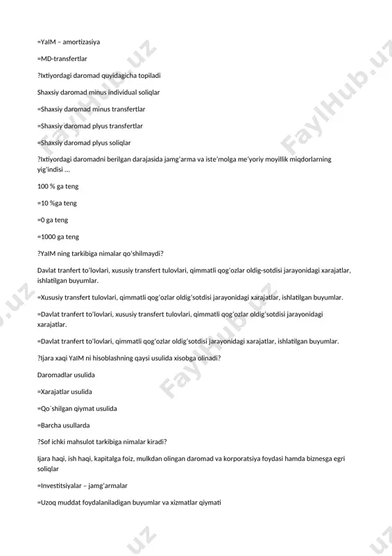soliqlar =shaxsiy daromad plus individual soliqlar =ish xaqilar yig`indisi =milliy daromad minus shaxsiy daromad ?sim qanday hisoblanadi? yaim - (minus) amortizatsiya =shd -(minus) individual soliqlar =sim - (minus) biznesga egri soliqlar =yaim - (minus) dividentlar ?yaqin orada yana ishga joylashishga umid qilayotgan ishlovchi qaysi guruhga taalluqli bo’ladi? ishsizlar guruhiga =ish bilan band bo’lganlar guruhiga =ish bilan to’liq band bo’lganlar guruhiga =to’la band bo’lmaganlar sifatida qaraladi ? taklifning keskin o’zgarishi qisqa muddatli davrda … olib keladi narx oshishi va ishlab chiqarish hajmi pasayishiga =narx pasayishi va ishlab chiqarish o’sishiga = narx va ishlab chiqarish hajmi oshishiga = narx va ishlab chiqarish hajmi pasayishiga ?to’la bandlikda qaysi ishsizlik darajalari mavjud bo`ladi? friktsion ishsizlar, tarkibiy ishsizlar =nodavriy ishsizlar =davriy ishsizlar =barcha ishsizlar ?to’la ish bilan bandlik davridagi ishsizlik nima deb ataladi? ishsizlikning tabiiy darajasi =ishsizlikning potentsial darajasi =ishsizlikning nominaldarajasi =ishsizlikning realdarajasi ?ishlab chiqarish, bandlilik va inflyatsiya darajasining davriy tebranishlari nima deb ataladi? iqtisodiy …