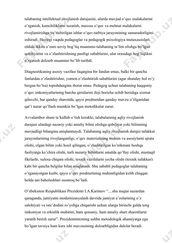 ko’chira olishi, turli nazariy bilimlarni amalda qo’llay olishi, mustaqil fikrlashi, xulosa chiqara olishi, texnik vazifalarni yecha olishi (texnik tafakkur) kabi bir qancha belgilar bilan aniqlanadi. shu sababli pedagoglar talabaning o’rganayotgan kasbi, qaysi o’quv predmetining muhimligidan kelib chiqqan holda uni baholashlari osonroq bo’ladi. o’zbekiston respublikasi prezidenti i.a.karimov “....shu nuqtai nazardan qaraganda, jamiyatni modernizasyalash davrida jamiyat a’zolarining o’z salohiyati va iste’dodini ro’yobga chiqarishi uchun ularga birinchi galda teng imkoniyat va erkinlik muhitini, ham qonuniy, ham amaliy shart sharoitlarni yaratib berish zarur”. prezidentimizning ushbu metodologik ahamiyatga ega bo’lgan tavsiya ham kurs ishi mavzusining dolzarbligidan dalolat beradi. kurs ishning maqsadi: maktab yoshdagi o’quvchilar o’qib o’rganish faoliyatiga qiziqishni shakllantirish motivasiyasi psixologik asoslari. tadqiqotning ob’yekti: psixik rivojlanish va ta’lim jarayonida o’quv faoliyatining psixologik mohiyati, uning muammoli ta’lim nuqtai nazaridan, psixologik xususiyatlarini mustaqil tadqiqot sifatida o’rganish. tadqiqotning predmeti: ta’limning psixologik jarayon ekanligi, talabalar aqliy kamolotida yangi pedagogik texnologiyalardan foydalanish masalalarining mustaqil tahlili. kurs ishning vazifasi: - komil …