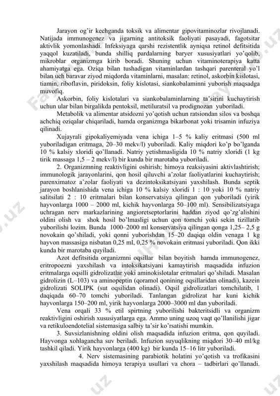 di, itlarda agressiya kuzatiladi. otlar yotgan holatda oyoqlari bilan suzish harakatlarni qiladi. qo’zg’alish keyinchalik depressiya bilan almashinadi. itlar yod jismlarni tishlab yutishga intiladi. hayvonlarda profuzli ich ketishi kuzatiladi, tez – tez siydik ajraladi, va natijada terilari qurib ketib, hayvon tanasi “qoq suyak”ga aylanadi. eritrotsit va gemoglobin miqdori keskin kamayadi. leykotsitoz rivojlanmaydi. gemogrammada keskin chapga (miyelotsitlargacha) siljish kuzatiladi. eozinofil va monotsitlar ko’rinmaydi. 4. sepsisni kompleks davolash usullari. samarali davolash uslublari xozirgacha ishlab chiqilgan emas. ammo shunga qaramasdan, davolash erta va kompleksli bo’lishi kerak va u mikroblarni bostirish, organizmdan toksinlarni neytrallab chiqarish va barcha funksional buzilishlarni tiklashga qaratilishi shart. antiseptik terapiya kompleksiga quyidagi umumiy va mahalliy usullar kiradi: 1. himoya kuchlarini ishga solish, organizmning oziqlanishini yaxshilash va atsidozni pasaytirish. shu maqsad bilan hayvonga yengil hazm bo’ladigan, vitaminga boy, ishqorli oziqa beriladi: o’nib chiqqan arpa, osh sodasi (30 – 40 g) qo’shilgan kepak atalasi, sabzi va boshqa sabzavotlar. jarayon og’ir kechganda toksik va …