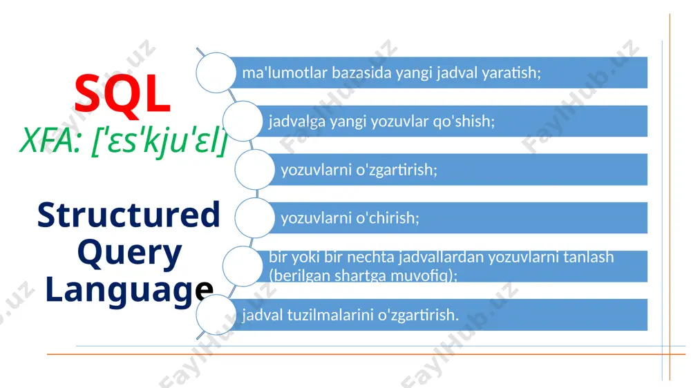 aks holda xatolik yuzaga keladi. select * from test where ism=‘david‘; natija: “test” jadvalidagi, yoshi 20 dan kichik bo‘lgan insonlarning familiyasini chiqaruvchi so‘rov quyidagicha bo‘ladi: select familiya from test where yosh ‘david‘ ; yoki select * from test where ism != ‘david‘ ; natija: yoshi 20 dan 25 gacha bo‘lgan insonlarning maoshini chiqarish select maosh from test where yosh between 20 and 25 ; natija: yoshi 18 va 30 ga teng bo‘lgan ism va familiyalarni ekranga chiqarish select maosh from test where yosh in (18, 30) ; natija: maoshi kiritilmagan ustunga tegishli bo‘lgan boshqa ustun ma’lumotlarini chiqarish select maosh from test where maosh is null ; natija: like va mantiqiy operatorlar(and, or, not) main nomli talabalar jadvalidan farg’ona viloyatida tug’ilgan talabalar ro’yhatini chiqarish. select lname, fname, bpcode from main where bpcode like '%an%' main nomli talabalar jadvalidan vodiylik talabalar ro’yhatini chiqarish. select lname, fname, bpcode from main where bpcode like …