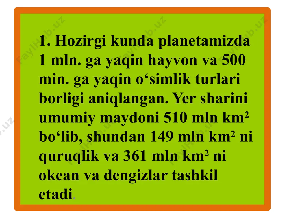 u guruhga kiruvchi o‘simliklar oziqlanishi uchun kerakli organik moddalarni o‘zlari tayyorlaydi. avtotroflar ham o‘z navbatida ikkiga bo‘linadi: yashil avtotroflar; xlorofilsiz avtotroflar. yashil avtotroflarga quruqlikda, dengiz, okeanlarda hamda chuchuk suvlarda yashovchi barcha yashil o‘simliklar kiradi. xlorofilsiz avtotroflarga kichik xlorofilsiz o‘simliklar kiradi. ular oltingugurt, temir bakteriyalar hamda erkin azotni o‘zlashtiruvchi azot to‘plovchi bakteriyalar bo‘lib, o‘zlari uchun kerakli organik moddalarni sintez qiladi . ammo bu jarayonda quyosh nuridan emas, balki oksidlanish natijasida ajralib chiqadigan kimiyoviy energiyadan foydalaniladi. shuning uchun bunday usulda organik moddalarni hosil bo‘lishini xemosintez deyiladi s.v. vinogradskiy (1856- 1953). geterotroflar - bular tayyor organik moddalar hisobiga yashaydigan organizmlardir. geterotroflarning bir qismi tirik organizm hisobiga oziqlanadi va ular parazitlar deyiladi. masalan: inson, hayvon va o‘simliklar organizmlarida yashaydigan bakteriyalar va zamburug‘lar. geterotroflarning yana bir qismi saprofitlar deyiladi. ular o‘simlik va hayvon qoldiqlari yoki chirindilar hisobiga hayot kechiradi. masalan: bakteriyalar va zamburug‘lar. saprofitlar tabiatda va kishilar hayotida muhim ahamiyatga ega, chunki ular ishtirokida oqsilli …
