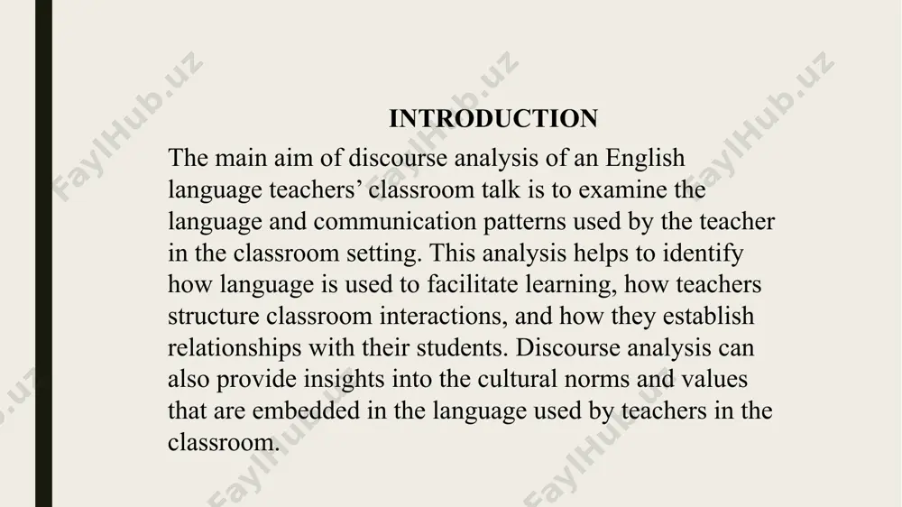 n help us identify patterns of interaction between teachers and students, such as turn-taking, questioning strategies, and feedback giving. 3. promoting inclusive teaching practices: by analyzing classroom discourse, we can identify instances of bias or discrimination in teacher's language use. this can help teachers become more aware of their own biases and work towards creating a more inclusive learning environment. 4. enhancing student learning: teachers who are skilled in using language to promote learning can have a significant impact on student achievement. by studying discourse analysis in teacher's classroom talk, we can identify effective teaching practices that promote student engagement and academic success. what is discourse analysis discourse analysis in language teaching refers to an approach that focuses on the study of how language is used in specific contexts, such as conversations or written texts. this approach involves analyzing the features of language use, including the structure of sentences, choice …