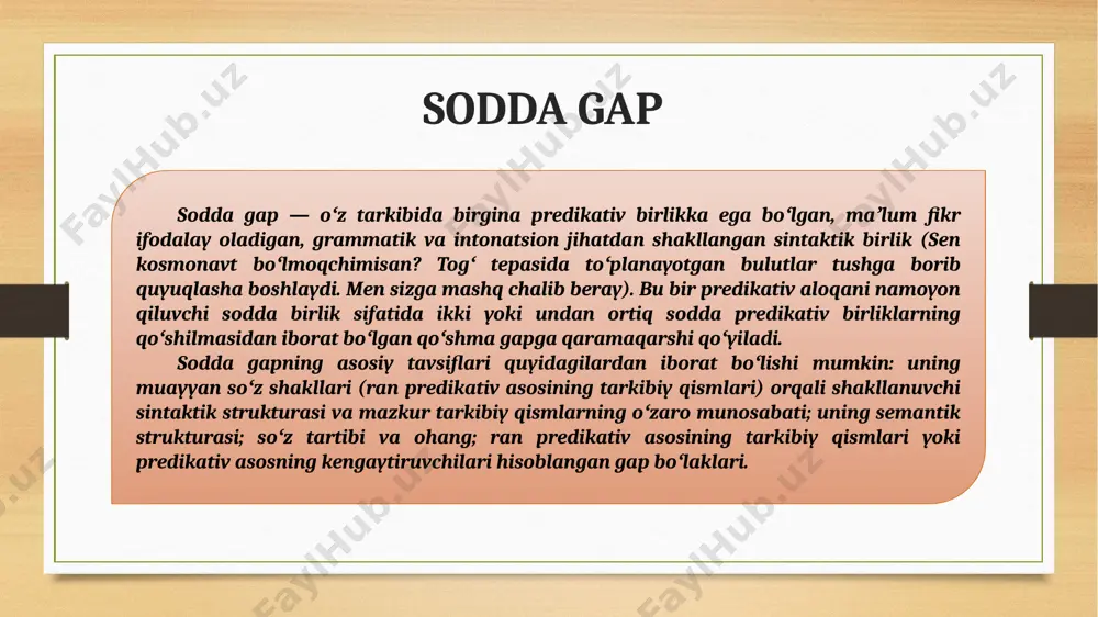 bo‘ladi. bu butun jumlani sifatdosh, ot yoki a bilan almashtirish mumkinligini anglatadiergash gap. sifat odam salomlashuvchi mening otam. to`g`ri kelishik. ( salom beradi ) sifatdosh bilan almashtirilishi mumkin edi va gap baribir ma'noli bo'lardi. sariq odam mening otam. ism men yaxshi ko'raman, siz juda yaxshi munosabatda bo'lasiz to'g'ridan-to'g'ri ergash gap ( yaxshi tushasiz ) mumkin. ism bilan almashtirilsin. men sizning do'stligingizni yaxshi ko'raman izoh o'sha kuni ertalab avtobus xuddi shunday ketayotgan edi were going to out a fire. to‘g‘ridan-to‘g‘ri ergash gap ( o‘t o‘chirmoqchidek ) ergash gap bilan almashtirilishi mumkin. o‘sha kuni ertalab. avtobus tez ketayotgan edi. xulosa xulosa qilib aytadigan bo’lsak, gaplarni tasniflashning ko'plab usullari mavjud. jumlalar yoki harakatlar soniga qarab (har birida predmet va predikat mavjud) uni quyidagilarga bo'lish mumkin. oddiy (bitta predmet, chunki faqat bitta predikat mavjud) yoki aralashma (bir nechta predikatlar va shuning uchun bir nechta sub'ektlar). predikatning asosiy yoki markaziy qismi a qo‘shma fe’l, bu …