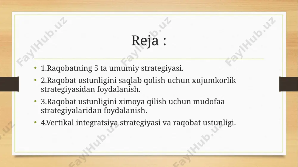 ha past baxolar hisobiga utib ketadi. 5. ifodalangan strategiya yoki maxsulotni tabaqalashtirishga asoslangan bozor uyasi strategiyasi. uning maqsadi - tanlangan segmentlar namoyondalarini ularning did va talablariga yanada tularoq javob beradigan tovar va xizmatlar bilan ta’minlashdir raqobat ustunligini saqlab qolish uchun xujumkorlik strategiyasidan foydalanish. raqobat ustunligiga deyarli xar doim muvaffaqiyatli xujumkor strategik xarakatlar xisobiga erishiladi. ustunlikka erishishni ta’minlash uchun muvaffaqiyatli xujumkor strategiyaga qancha vaqt talab etilishi tarmoqdagi raqobat tavsifiga bogliq. ustunlikni ta’minlash vaqti qisqa bo’lishi, xizmat kursatish soxasidagi kabi, murakkab texnologik jarayonli kapital talab etadigan tarmoqlardagi kabi ancha davomli bulishi xam mumkin. ideal darajada sozlangan xarakatlar mikyosi ancha katta bulgan ( masalan, yangi kimmatbaxo dorining patentiga farmatsevtikada ega bulish sezilarli ustunlikni ta’minlaydi) yoki uncha katta bulmagan (masalan, tikuvchilik sanoatida. bunda kiyimlarning yangi modadagi fasonlari osongina uzlashtirilishi mumkin, nusxa kuchirish orqali) raqobat ustun-ligini yaratishi mumkin muvaffaqiyatli xujumdan sung «mevalarning samarasini» kurish davri keladi. bu davrning davomiyligi esa raqiblarga yuqotilgan pozitsiyalarni qaytarib olish …