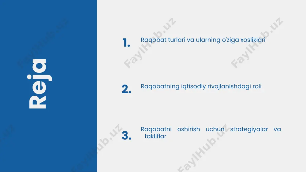 tunlikni qo'lga kiritishda va biznes strategiyasini muvaffaqiyatli amalga oshirishda asosiy omil hisoblanadi. har bir omil strategik qarorlar qabul qilishda qanday ahamiyatga ega ekanligini tushunish, kompaniyalarni raqobat muhitida muvaffaqiyatli bo'lishiga yordam beradi. raqobatning iqtisodiy rivojlanishdagi roli raqobat iqtisodiy o'sishni rag'batlantiradi, ishlab chiqarish samaradorligini oshiradi va yangi bozorlarni ochadi. masalan, raqobatbardosh bo'lish uchun kompaniyalar o'z mahsulotlarini yaxshilashga intilishadi. raqobat innovatsiyalarni qo'llab-quvvatlaydi, chunki kompaniyalar yangi texnologiyalar va mahsulotlarni ishlab chiqishga majbur bo'lishadi. bu jarayon iqtisodiyotda yangiliklarni tezlashtiradi. raqobat resurslarni samarali taqsimlaydi, iqtisodiy samardorlikni oshiradi va xarajatlarni kamaytiradi. bu esa korxonalarni yanada raqobatbardosh qiladi. raqobat iste'molchilarga ko'proq tanlov va yaxshiroq xizmat ko'rsatishni ta'minlaydi, ularning qoniqishini oshiradi. natijada, iste'molchilar sifatli mahsulotlardan foydalanish imkoniyatiga ega bo'lishadi. 1 2 3 4 raqobat va iqtisodiy samaradorlik raqobat iqtisodiy samaradorlikni oshirishda muhim rol o'ynaydi. raqobat sharoitida kompaniyalar innovatsiyalarni joriy etish, xarajatlarni kamaytirish va xizmat sifatini yaxshilashga intiladilar. masalan, apple va samsung o'rtasidagi raqobat yangi texnologiyalarni tezda ishlab chiqish va …