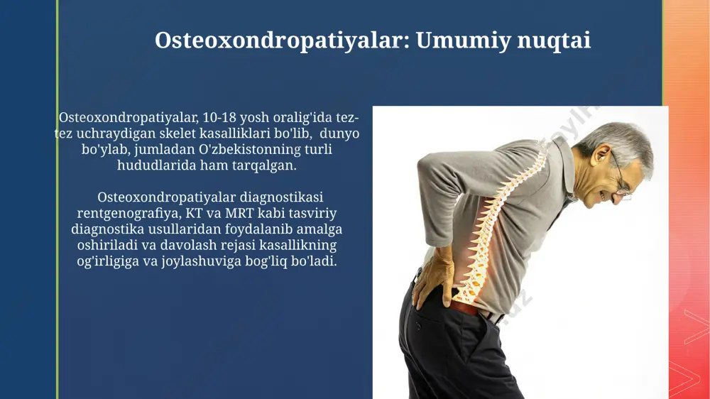 urli burchaklarida, jumladan, o‘zbekistonning qishloq hududlarida ham kuzatiladi, qo‘shimcha tekshiruvlar rentgenografiya va mrtni o'z ichiga oladi. skoliozning konservativ davolash usullari 40-50° дан юқори бўлган сколиозларда, жарроҳлик аралашувигача бўлган даврда, самарқанддаги реабилитация марказларида мураккаб корсетлар ва доимий мониторинг орқали касалликнинг ривожланишини секинлаштиришга ҳаракат қилинади. 10-15 ёшли ўсмирларда кузатилган 20-30° гача бўлган сколиозни консерватив даволашда машқлар терапияси, корсетлар ва физиотерапия муолажалари, хусусан, электрофорез ва уфо, самарали бўлиши мумкин. skoliozning jarrohlik davolash usullari toshkentdagi ixtisoslashtirilgan klinikalarda skoliozning 30 darajadan yuqori bo'lgan holatlarda, spinal fusiografiya kabi jarrohlik operatsiyalari qo'llanilib, 20 ga yaqin o'murtqa suyagini birlashtirish mumkin. o'murtqa skoliozining jarrohlik davolashida, masalan, 10-15 yoshli bemorlarda, vashington universiteti shifokorlari tomonidan ishlab chiqilgan yangi usullar orqali, o'murtqa ustunining egriligini 50% ga kamaytirish mumkin. köhler kasalligi kasallikning davolash usullari konservativ bo'lib, og'riqni kamaytirish va to'g'ri tiklanish uchun gips, fizioterapiya va dam olishni o'z ichiga oladi, va bu usullar germaniya va aqshda keng qo'llaniladi. tadqiqotlar shuni ko'rsatdiki, köhler kasalligi …