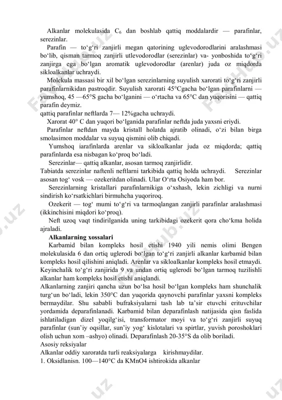 gan. oxirgi vaqtlarda dizel fraksiyasi (200 — 350° c)ni ham turli usullar bilan uglevodorod tarkibini o‘rganiladi. neftning izoprenoid uglevodorodlari 60 —yillarda neftlarning tarkibida izoprenoid uglevodorodlar uchratiladi. bu gruppaga kiruvchi uglevodorodlarda har uch dona metilen gruppasidan keyin metil tarmog‘i bo‘lgani uchun izoproprenni polimerlagani deb qabul qilingan va izoprnoid uglevodorodlari deb nom berilgan. aslida esa ular alkanlardir. bu turdagi alkanlar molekulasi asosan c20 gacha bo‘ladi. qattiq alkanlar. alkanlar molekulasida c6 dan boshlab qattiq moddalardir — parafinlar, serezinlar. parafin — to‘g‘ri zanjirli megan qatorining uglevodorodlarini aralashmasi bo‘lib, qisman tarmoq zanjirli utlevodorodlar (serezinlar) va- yonboshida to‘g‘ri zanjirga ega bo‘lgan aromatik uglevodorodlar (arenlar) juda oz miqdorda sikloalkanlar uchraydi. molekula massasi bir xil bo‘lgan serezinlarning suyulish xarorati to‘g‘ri zanjirli parafinlarnikidan pastroqdir. suyulish xarorati 45°cgacha bo‘lgan parafinlarni — yumshoq, 45 —65°s gacha bo‘lganini — o‘rtacha va 65°c dan yuqorisini — qattiq parafin deymiz. qattiq parafinlar neftlarda 7— 12%gacha uchraydi. xarorat 40° c dan yuqori bo‘lganida parafinlar neftda …