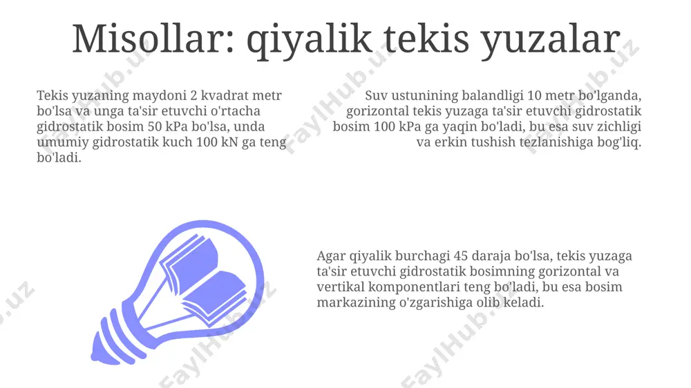 ng devoriga ta'sir etuvchi umumiy gidrostatik kuch, bosim markazining koordinatalarini aniqlash orqali hisoblanadi, bu esa kuchning qo'llanilish nuqtasini aniqlashga imkon beradi. bu kuchning kattaligi suvning zichligi va chuqurligiga bog'liq. bosim markazi, suyuqlik ustunining geometrik markaziga to'g'ri keladi va bu nuqtadan suv bosimi ta'siri bir xil kuch bilan taqsimlanadi. masalan, 2 metr chuqurlikdagi to'rtburchak plastinkaning bosim markazi 1 metr chuqurlikda joylashgan. amaliy qo'llanmalar suv osti inshootlari, masalan, suv osti tunnellarini loyihalashda gidrostatik bosimning ta'siri hisobga olinishi kerak, chunki 50 metr chuqurlikdagi bosim 5 atmosfera bo'ladi. gidrostatik bosimni hisoblash suv omborlari devorlarining qalinligini aniqlashda muhim ahamiyatga ega bo'lib, 10 metr chuqurlikdagi suv ustuni 1 atmosfera bosim yaratadi. gidrostatik bosimni hisoblash orqali suv o'tkazmaydigan to'g'onlarning mustahkamligi ta'minlanadi, 100 metr balandlikdagi suv ustuni 10 atmosfera bosim hosil qiladi. muvozanat holatidagi suyuqlik bosimi suyuqlik ustunining balandligi 5 metr bo'lganda, suvning zichligi 1000 kg/m³ bo'lsa, pastki yuzaga ta'sir etuvchi gidrostatik bosim 50000 pa ga teng bo'ladi. …