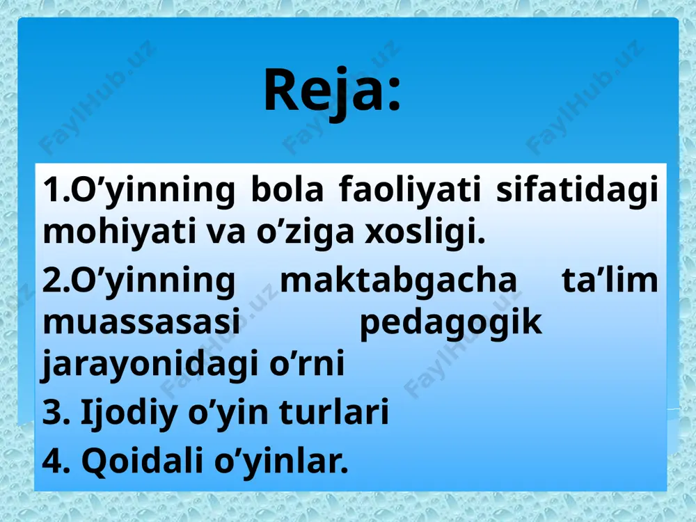 lodlarni bog’laydigan va madaniy qadiryatlarni avlodan avlodga o’tgazuvchi zanjir bo’lib xizmat qiluvchi vosita” deb xisoblaydi. yan.amos.komenskiy o’yinga quvnoq bolalik va bolani uyg’un rivojlanish sharti sifatida qaraydi, kattalarga bolalar o’yinlariga e’tiborli munosabatda bo’lishini, ularga oqilona raxbarlik qilishni maslaxat beradi. rus pedagogi a.s.makarenko “bola o’yinda qanday bo’lsa, o’sib ulg’aygach xam ko’pincha shunday bo’adi” deydi. a.m.gorkiy “o’yin bolalar yashayotgan va o’zgartirishi lozim bo’lgan dunyoni bilish yo’lidir” deydi. psixolog d.v.elkonin o’z tadqiqotlarida ro’lli o’yinlarni sujeti bilan bir qatorda uning mazmuni xam mavjut ekanligini yozadi. uning fikricha o’yinda bola kattalar faoliyatining asosiy jixatini aks etirishi o’yin mazmunini tashkil etadi. o’yin xalq pedagogikasida, maktabgacha ta’lim va maktabdan tashqari muassasalarida keng qo’llaniladi. mtmda tarbiyachilar bolalar o’yiniga raxbarlik qilishda quyidagilarga rioya qilishi lozim: 1) o’yin bilan mehnat o’rtasida to’g’ri munosabat o’rnatish 2) o’yinda bolalarning bo’lajak mehnat axliga xos bo’lgan jismoniy va ruhiy sifatlarini tarbiyalash. shunday qilib mtmning pedagogik jarayonda o’yinning tutgan o’rni juda katta bo’lib o’yindan maktabgacha yoshdagi …