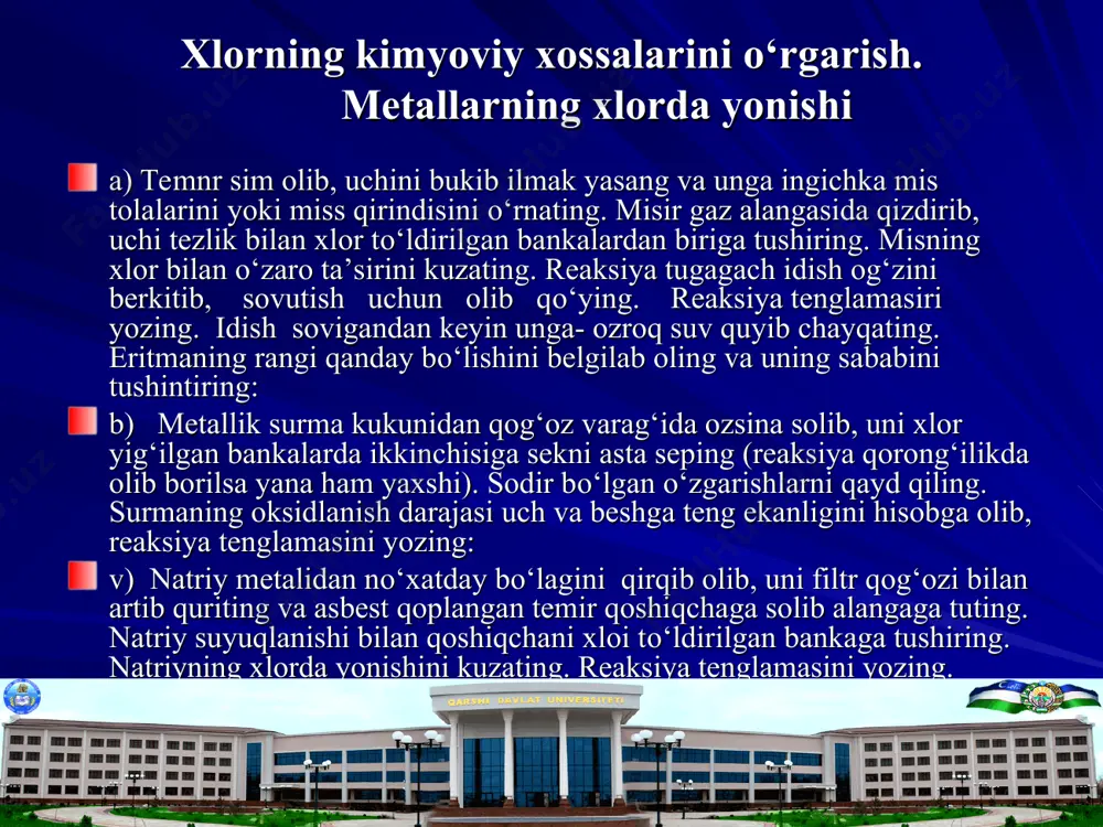 lorning suv bilan ta’sirini, oksidlovchi va qaytaruvchilarni kо‘rsating. olingan eritmaning rangi va hidiga e’tibor bering (ehtiyot bо‘ling). bromning olinishi va hossalari a) quruq probirkaga natriy bromidning 2-3 kristallaridan va shuncha miqdor marganets (iv) oksidi solib aralashtiring. aralashmaga asta-sekni 2-3 tomchi sulfat kislotadan ( i=1,74 g/gm3) tomizing va ajralib chiqayotgan ekini brom bug‘larining rangini qayd qiling. (eikni galogen olingan probirkani tajriba tugagandan keyin darhol natriy tiosulfatli eritmaga tushiring). brom olish reaksiyasi teiglamasini yozing. b) bromni uning tuzlaridan siqib chiqarish usulida olish. probirkaga 2-3 ml kaliy bromidning tо‘yingan eritmasidan quying va eritmadan xlor gazi oqimini о‘tkazing. nima kuzatiladi? olingan bromni probirka yig‘gichga haydang. reaksiya teiglamasiri yozing. shunday uguda xlor va yod olish mumkinmi? suyuq brom bilan tajribalarni talaba о‘qituvchi ishtirokida olib boradi. oldingi tajribada olingan suyuq bromdan 1-2 tomchini quruq probirkaga tomizing va unga alyuminiy qirindisidan 3-4 bо‘lakchasidan soling. agar bir minut davomida reaksiya boshlanmasa, probirkani issiq suvli (40°s) stakanga tushiring. nima …