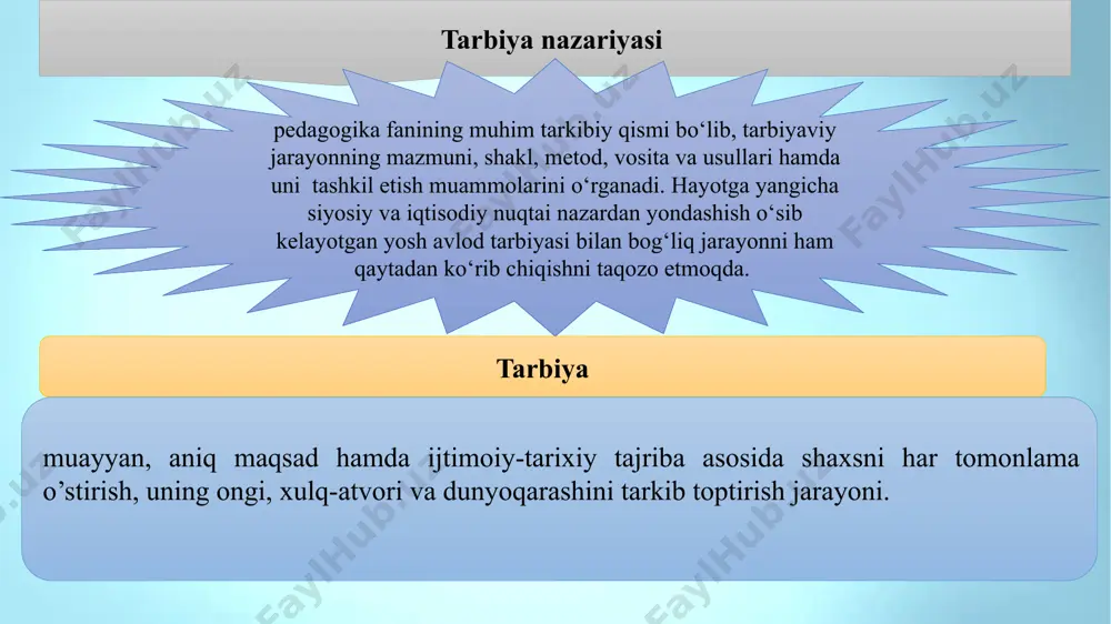 ing rivojlanish darajasi va pedagogik ta’sirni hisobga olish tarbiya mazmunida oldinga qo‘yilgan maqsad va vazifalarga muvofiq o‘quvchilar tomonidan o‘zlashtirilishi lozim bo‘lgan bilim, ko‘nikma va malakalar, shaxs xulq-atvori hamda sifatlari mohiyati aks etadi. tarbiya mazmuni shaxsning shakllanishiga qo‘yiluvchi ijtimoiy talablar mohiyatidan iborat bo‘lib, ijtimoiy-iqtisodiy taraqqiyot, kishilik munosabatlari mohiyati va darajasi, shuningdek, jamiyat mafkurasi g‘oyalari asosda belgilanadi. zamonaviy tarbiya mazmunida quyidagi tamoyillar yotadi: maqsadga qaratilganligi va g’oyaviy yo’nalganligi tarbiyaning insonparvarlashuvi tarbiyaning hayot, mehnat bilan bog’liqligi tarbiyaga yaxlit(kompleks) yondashuv jamoada tarbiyalash va jamoaga suyanib ish ko’rish tamoyillari o’qituvchilar, jamoat tashkilotlari va oilaning talab hamda tarbiyaviy ta’sirlarining birligi tarbiyalanuvchining yosh va individual xususiyatlarini hisobga olish tarbiya jarayonining tizimligigi va uzluksizligi shaxsga talabchanlik bilan hurmatni birga qo’shib olib borish axloqiy tarbiya aqliy tarbiya jismoniy tarbiya estetik tarbiya ekologik tarbiya iqtisodiy tarbiya mehnat tarbiyasi huquqiy tarbiya ijtimoiy tarbiya yo’nalishlari tarbiya va tarbiyalanuvchilar orasidagi munosabatlar uslubiga ko’ra turli falsafiy kontseptsiyalar bilan bog’liqlikda avtoritar demokratik liberal erkin tarbiya …