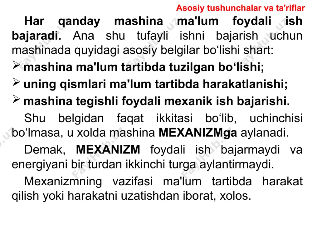 chlari momenti) tushayotgan tirsakli val (krivoship) 1 ning aylanma harakatiga o‘zgartiriladi. 1-rasm, b da iyod ning tuzilish sxemasi tasvirlangan. asosiy tushunchalar va ta'riflar kinematik juftlik (qisqacha — juftlik) deb, ikkita o‘zaro urinuvchi bo‘g‘inning qo‘zg‘aluvchan birikmasiga aytiladi (2-rasm). har ikki bo‘g‘inning o‘zaro urinuvchi yuzalari, chiziqlari va nuqtalari birgalikda juftlikning elementlari deyiladi. juftlikning elementlari doimo o‘zaro uringan holatda bo‘lishi uchun juftlik geometrik tarzda (bo‘g‘inlarning shakli hisobiga) yoki kuch (og‘irlik kuchi, prujina, suyuqlik yoki gazning bosim kuchi va hokazo) ta'sirida tutashtirilgan bo‘lishi kerak. kinematik juftlar turlari. mexanizmni chizmada tasvirlashda uning tuzilishi (struktura) sxemasi va kinematik sxemasi farq qilinadi. tuzilish (struktura) sxemasida: - bo‘g‘in va juftliklarning shartli belgilari qo‘llaniladi (bo‘g‘inlar o‘lchamlari ko‘rsatilmaydi); kinematik sxemada: - kinematik hisoblash uchun zarur o‘lchamlar ko‘rsatiladi. sxemalarda bo‘g‘inlar raqamlar bilan, juftliklar va bo‘g‘inlarning turli nuqtalari esa harflar bilan belgilanadi; masalan 1-rasm, b da aylanma bo‘g‘in 1-4 bilan, shatun 2 ning nuqtasi (massalar markazi) s2 bilan belgilangan. kinematik juftlar turlari …
