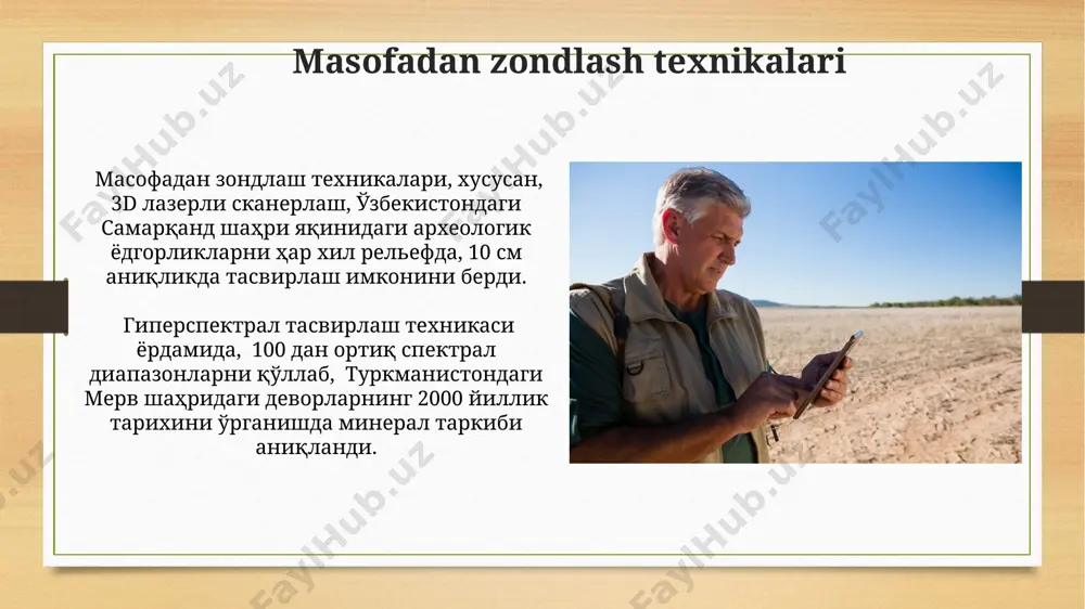 mkonini berdi. raqamli texnologiyalar landshaft arxeologiyasida lidar texnologiyasi yordamida, masalan, angkor vat (kambodja)dagi katta maydonlarda yashirin tuzilmalarni aniqlash orqali, 100 dan ortiq yangi binolar va yo'llar topildi, bu esa landshaft arxeologiyasida yangi kashfiyotlarni ochadi. giper spektral tasvirlarni tahlil qilish, misrning fayyum oazisida 20 ga yaqin yangi qadimiy aholi punktlarini aniqlashga yordam berdi, bu esa qadimgi suv tizimlari va yer ishlatish usullarini o'rganish imkonini berdi. arxeologik ma'lumotlar bazalari taxminan 5000 yillik davrni qamrab olgan, xorazm viloyatidan topilgan arxeologik topilmalar toʻgʻrisidagi maʼlumotlar bazasi, 3d modellashtirish va virtual reallik texnologiyalaridan foydalanish orqali tadqiqotlarni yanada samarali qiladi. oʻzbekiston hududida joylashgan arxeologik maʼlumotlar bazalari, masalan, samarqanddagi oʻrta osiyo arxeologiyasi instituti bazasi, 10 000 dan ortiq arxeologik obyektlar haqida maʼlumotlarni oʻz ichiga oladi va gis texnologiyalari bilan integratsiyalangan. yer osti tasvirlari yer osti tasvirlari, 3d modellashtirish texnologiyalari yordamida, masalan, samarqand yaqinidagi arxeologik joylarda 1000 dan ortiq qabrlarni aniqlash va ularning ichki tuzilmalarini 3 o'lchamda tasvirlash imkonini …