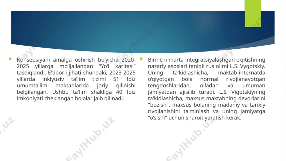 h; 3. ma’lumotlar bankida turli ta‟limiy va rivojlantiruvchi materiallarni to’plash; 4. internet tizimi orqali mutaxassislar maslahatini uyushtirish; 5. web resurs markazi foydalanuvchilari orasida tajriba va bilimlar almashishni tashkil qilish; 6. integratsiya muammolarini hal qilish vositalarini izlash. chet davlatlar bilan bu boradagi kamkorlik uchun imkoniyatlar yaratish hindiston qonunida majburiy boshlang„ich ta‟limga jiddiy va katta vazifa deb qaraladi. hindistonda 1 yoshdan 14 yoshgacha bo„lgan bolalar 2.000.000 ni tashkil etadi. ta‟lim tizimini rivojlantirish 1947-yilda mamlakat mustaqillikga erishgandan so’ng qonuniy tasdiqlangan. 1986yilda ishlab chiqilgan va 1992-yilda milliy ta‟lim qonuniga ko’pgina mutaxassislar va turli shtatlarning vakillari ishtirokida hamda boshqa tegishli fuqarolarning hamkorlikdagi sayiharakati bilan qo’shimchalar kiritilgan. mamlakatda istiqomat qiluvchi barcha fuqarolarning ta‟lim olish huquqi kafolatlangan. ta’lim to’g’risidagi qonunning asosiy bandida rivojlanishida alohida ehtiyoji bo’lgan bolalarni barchalar qatori ta’lim olishi va ular o’rtasidagi to’siqlarni bartaraf qilinishi qayd etilgan. shuningdek, qonunda mamlakatda yashovchi fuqarolarning ko’p tilligi va diniy ijtimoiy, madaniy rivojlanishining xususiyati hamda mamlakatda yashovchi nogiron bolalar, …