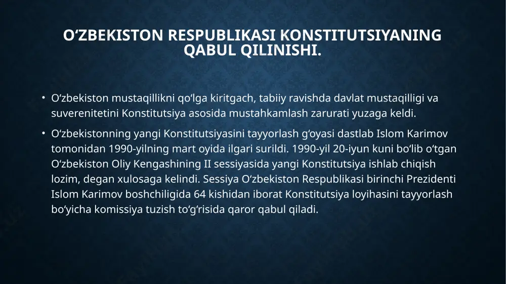 ab qo‘yilgan. konstitutsiyada davlatning «o‘zbekiston respublikasi» va «o‘zbekiston» degan nomlari bir ma’noni anglatadi, deb belgilab qo‘yilgan. ikkinchi tamoyil - xalq hokimiyatchiligidir. 7-14-moddalarda xalq davlat hokimiyatining birdan-bir manbayidir, o‘zbekiston xalqini millatidan qat’i nazar uning fuqarolari tashkil etadi, davlat o‘z faoliyatini inson va jamiyat farovonligini ko‘zlab amalga oshiradi, deb ko‘rsatilgan. konstitutsiyaning tamoyillari. uchinchi tamoyil-davlat hokimiyatining uch tarmoqqa bo‘linishidir. o‘zbekiston davlat hokimiyati tizimi hokimiyatning qonun chiqaruvchi, ijro etuvchi va sud hokimiyatlariga bo‘linishi qonunlashtirildi. to‘rtinchi tamoyil-bu demokratiyaga sodiqlikdir. konstitutsiyada demokratiya va ijtimoiy adolatga sadoqat e’lon qilinadi hamda insonparvar demokratik – huquqiy davlat barpo etish nazarda tutiladi. beshinchi tamoyil-konstitutsiya va qonunlarning ustuvorligidir. konstitutsiyaning 15-moddasida «o‘zbekiston respublikasida o‘zbekiston respublikasining konstitutsiyasi va qonunlarining ustunligi so‘zsiz tan olinadi. davlat, uning organlari, mansabdor shaxslar, jamoat birlashmalari, fuqarolar konstitutsiya va qonunlarga muvofiq ish ko‘radilar», deb belgilab qo‘yilgan. konstitutsiyaning tamoyillari. oltinchi tamoyil l-xalqaro andozalar darajasida ifodalangan fuqarolar huquqlari, erkinliklari va majburiyatlarining tengligi va daxlsizligidir. o‘zbekiston fuqarolarining huquqlari muhim xalqaro hujjatlar - …