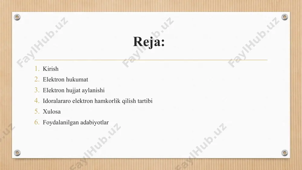sh; «elektron hukumat» tizimi axborot tizimlari va markazlashtirilgan ma’lumotlar bazalari, davlat xizmatlari ko’rsatish uchun zarur bo’lgan so’raladigan hujjatlar va axborot bor bo’lgan davlat organlarining axborot tizimlari va ma’lumotlar bazalari komplekslarining idoralararo elektron so’rovlarni uzatish, ularni ishlash va olish jarayonini avtomatlashtirish uchun idoralararo elektron hamkorlik tizimi bilan integratsiyalashuvini ta’minlash idoralararo elektron hamkorlik tizimi davlat organlari tomonidan so’raladigan hujjatlar va axborot ro’yxati davlat xizmatlari ko’rsatish reglamentlari bilan belgilanadi. idoralararo elektron hamkorlik tizimidan foydalanuvchilar davlat xizmati ko’rsatish uchun ariza beruvchining so’rovi olingandan keyin ariza beruvchining so’rovi olingan kundan keyingi bir ish kuni mobaynida idoralararo elektron so’rovni o’z ixtiyorida davlat xizmati ko’rsatish uchun zarur bo’lgan hujjatlar va axborot bor bo’lgan davlat organlariga yuboradilar. idoralararo elektron so’rovda quyidagilar ko’rsatilishi kerak idoralararo elektron so’rovni yuboradigan davlat organining nomi; idoralararo elektron so’rov yuboriladigan davlat organining nomi; davlat xizmatining noyob reyestr raqamini ko’rsatgan holda, taqdim etish uchun tegishli hujjatlar va axborot zarur bo’lgan davlat xizmatining nomi; ariza beruvchi …