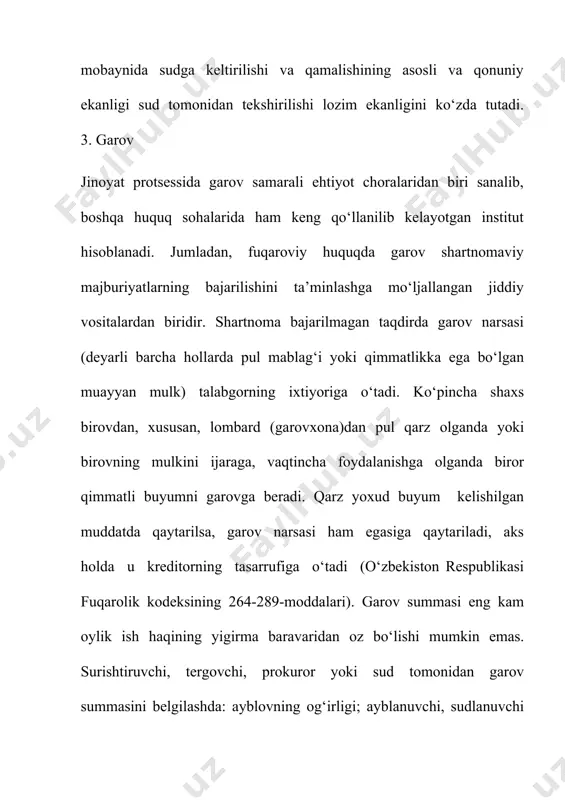 n shug‘ullanmaslik, chaqirilganda hozir bo‘lish va yashash joyini o‘zgartirgani holda ma’lum qilish to‘g‘risida yozma majburiyat olinadi. 6. voyaga yetmaganlarni kuzatuv ostiga olish uchun topshirish. inson huquqlari tizimida bola huquqlari alohida o‘rin tutadi, zotan, bunday holat bir necha omillar bilan tavsiflanadi, jumladan, bir tomondan, bolalar kattalar ega bo‘lgan va foydalanadigan huquqlarning hammasidan ham foydalana olmaydilar, ikkinchi tomondan esa, aynan ularning hali voyaga yetmaganliklari bois davlat va jamiyat tomonidan alohida g‘amxo‘rona munosabat ko‘rsatilishi va ayrim imtiyozlar berilishi talab etiladi. o‘zbekiston jinoyat-protsessual kodeksida voyaga yetmaganlarning jinoyatlari haqidagi ishlarni yuritish tartibi alohida 60-bobda ko‘rsatilgan bo‘lib, hozirgi zamon rivojlangan chet mamlakatlarning jinoyat qonunchiligiga mos keladi. voyaga yetmaganlar deb, davlat konstitutsiyasida va boshqa qonunlarida ko‘rsatilgan fuqarolarning burch, huquq va majburiyatlarini bajarish uchun belgilangan yoshga to‘lmagan shaxslar nazarda tutiladi. shubhasiz, voyaga yetmaganlarni ehtiyot chorasi sifatida tarbiya-mehnat koloniyalari ma’muriyati kuzatuvi ostiga topshirib bo‘lmaydi. o‘zbekiston respublikasi jinoyat-protsessual kodeksining 556-moddasida voyaga yetmagan jazoni o‘tayotgan muassasa haqida emas, balki u tarbiyalanayotgan …