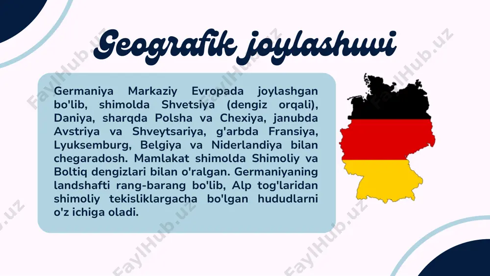 lanadi. germaniya adabiyot, musiqa, falsafa va fanda ulkan merosga ega.namoyondalar: - adabiyotda: goethe, schiller, thomas mann, hermann hesse - musiqada : bach, beethoven, mozart, wagner, brahms - falsafada: kant, hegel, nietzsche, marx - fanfa: einshtein, max planck, werner heisenberg til va madaniyat germaniya dunyoning eng yaxshi ta'lim tizimlaridan biriga ega. universitet ta'limi ko'pchilik uchun bepul yoki juda arzon. mamlakatda "dual ta'lim tizimi" keng tarqalgan bo'lib, bu nazariy bilimlarni amaliy ko'nikmalar bilan birlashtirishga imkon beradi. germaniya rivojlangan transport tizimi bilan mashhur: - avtobahn - dunyodagi eng yaxshi avtomobil yo'llari tizimlaridan biri - deutsche bahn - samarali temir yo'l tizimi - frankfurt aeroporti - evropadagi eng yirik aeroportlardan biri. transport an'analar va bayramlar - oktoberfest - myunxenda o'tkaziladigan dunyoga mashhur pivo festivali - rojdestvo bozorlari (weihnachtsmärkte) - butun mamlakat bo'ylab qish bayramlarida o'tkaziladigan an'anaviy bozorlar - karneval - ayniqsa keln shahrida nishonlanadigan mashhur bayram - berlin - poytaxt va tarixiy shahar, brandenburg …