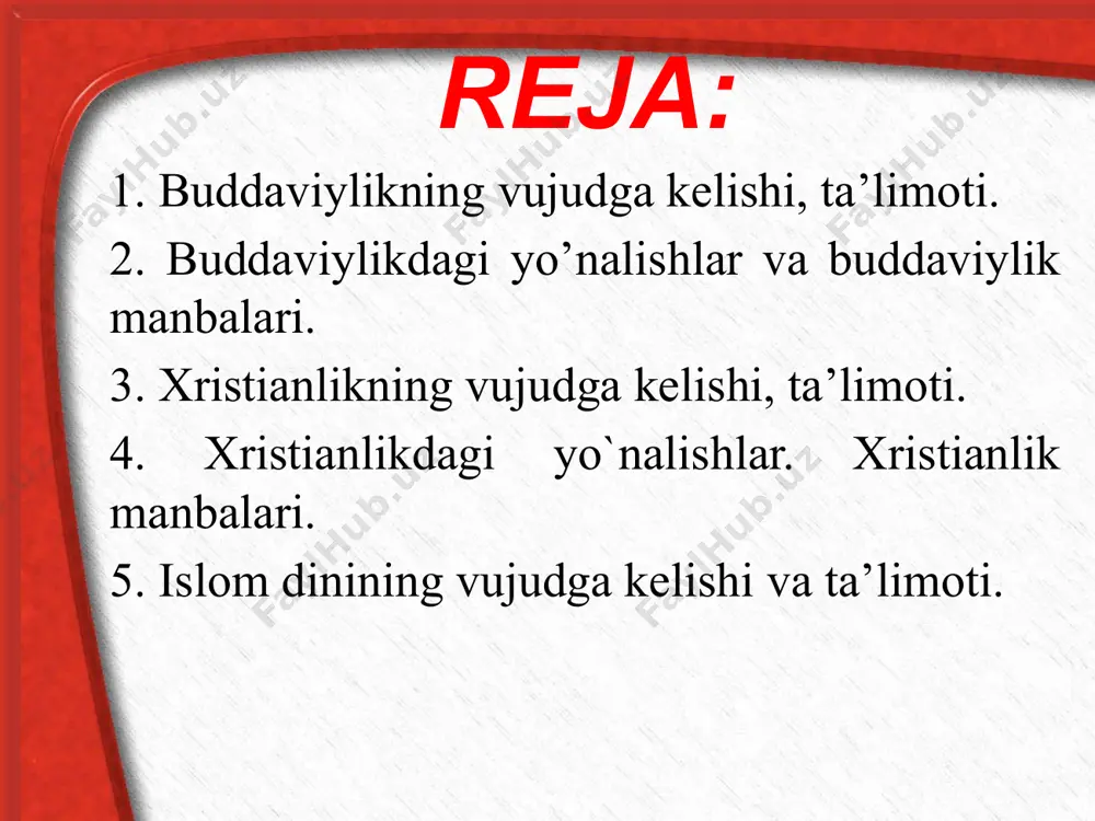 larda hindistonda vujudga kelgan. bu dinga e'tiqod qiluvchilar, asosan, janubiy, janubi-sharqiy va sharqiy osiyo mamlakatlarida, shri lanka, hindiston, nepal, butan, xitoy, singapur, malayziya, indoneziya, mongoliya, koreya, vetnam, yaponiya, kombodja, birma, tayland, laosda va qisman evropa va amerika qit'alarida, rossiyaning shimoliy mintaqalari - buryatiya, qalmiqiyada istiqomat qiladilar. hozirgi kunda dunyoda buddaviylar soni 750 mln.ga yaqin bo‘lib, ulardan 1 mln.ga yaqini monaxlardir. с “lalitavistara” - milodning ii-iii asrlarida yuzaga kelgan “buddaxacharita” - budda faylasuflaridan biri ashvagxoshey tomonidan milodning i-ii asrlarida yaratilgan “nidanakatxa” – milodning i asrida yozilgan “abnixishkramansutra” hozirgi kunda buddaning beshta biografiyasi ma'lum “maxavostu” – milodning ii asrida yozilgan buddaviylik asoschisi miloddan avvalgi 1-ming yillikda yashagan. u tarixiy shaxs bo‘lib, 80 yil yashagan. siddxartxa gautamadir. u taxminan mil. avv. 563 yilda hindistonda tug‘ilib, 483 yilda vafot etgan. siddxartxa shakya qabilasining podshosi shuddxodananing o`g‘li edi. uning saroyi ximolay tog‘lari etagida kapilavasti degan qishloqda bo`lgan (hozirda nepal hududida). onasi - malika mayya. podshoh …