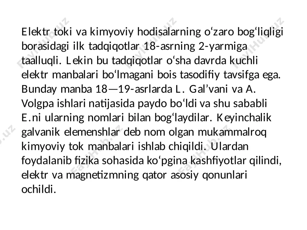 ri katodda qaytarilmaydi, ularning o'rniga suv molekulalari qaytariladi; 3) standart elektrod potensiali vodorodnikidan kichik, lekin aluminiynikidan katta bo'lgan metallarning (al3+ da h + gacha) kationlari elektroliz vaqtida katodda suv molekulalari bilan birga qaytariladi. agar suvdagi eritma tarkibida turli xil metallarning kationlari bo'lsa, u holda elektroliz vaqtida katodda ular metall standart elektrod potensialining algebraik qiymati kamayib borish tartibida ajralib chiqadi. m asalan, ag+, c u2+, f e2+ kationlar aralashmasidan dastlab kumush kationlari (e°— ± 0,80 b), so'ngra mis kationlari (e°= ± 0,34 b) va oxirida temir kationlari (e°=—0,44 b) qaytariladi. suyuqlanmalar elektrolizi. elektoliz jarayonini belgilaydigan ko’rsatkichlardan biri elektrodlardir. agar tuzlarning suyuqlanmasiga biror inert modda , masalan, grait, ko’mir yoki platina elektrod tushirilgan bo’lsa, shu suyuqlanmada oksidlanish – qaytarilish reaksiyasi sodir boladi. suyuqlanmada ham na+ va cl- ionlari hosil bo’lgani uchun katodda kationlar qaytarilsa, anodda anionlar oksidlanadi. nacl«na++cl- katod(-) na++e®nao 2 qaytarilish anod(+) 2c1--2e ®cl2o 1 oksidlanish elektrolizning umumiy tenglamasi: 2nacl= 2nao+cl2o. …