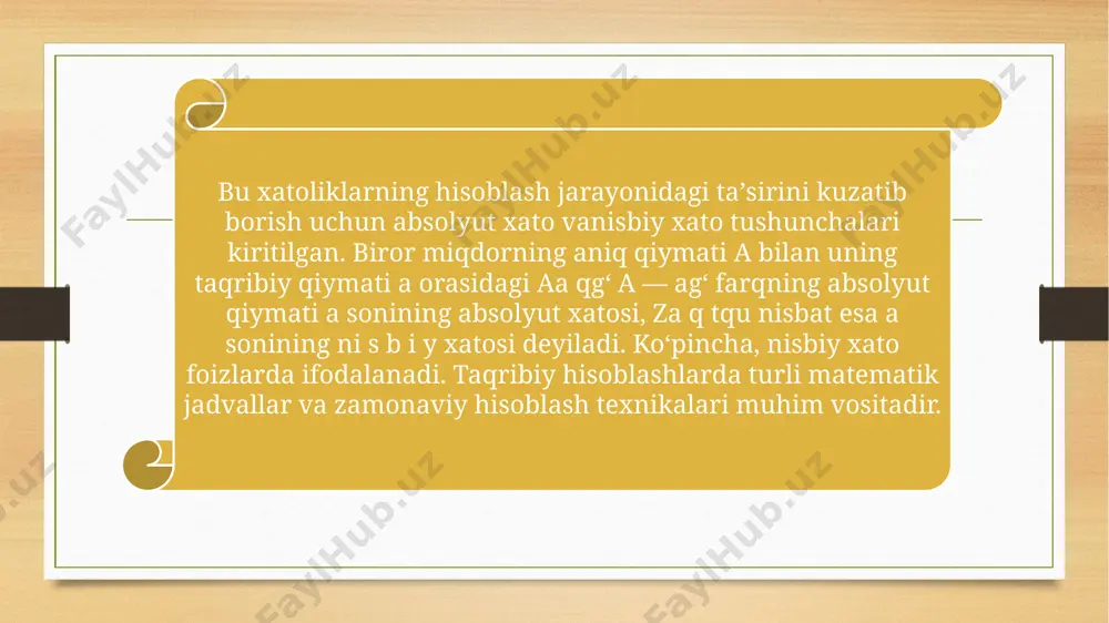 misollar keltiramiz nisbiy xatoning chegaraviy qiymati – bu absolyut xato chegaraviy qiymatining taqribiy son absolyut miqdoriga nisbatidan iborat: misol: qayd etish lozimki , yaxlitlash xatosi hamma vaqt o’sib boorish tartibida bo’ladi. hozirgi holda hisoblash jarayonidagi xatoliklar. amaliy masalalarni kompyuterda echish jarayoning ba’zi bosqichlarida, hisoblash natijalariga jiddiy ta’sir qiluvchi xatolar paydo bo’lishi mumkin. masalaning berilganlari xatoning asosiy manbai bo’lib hisoblanadi. bunday xatolar yuqotilmas xatolar deyiladi, ularni hisoblovchi tomonidan na masala yechilguncha, na masalani hisoblash jarayonida kamaytirila olinmaydi. hisoblash metodi ham xato manbai bo’lib hisoblanadi . bunday xatolar, masalan integralni yig’indi bilan almashtirilganda, jadvalda berilgan qiymatlarni interpolasiyalashda, ekstropolasiyalashda va xakozalarda paydo bo’ladi . hisoblash metodi xatosini boshqarish mumkin, ya’ni uning parametrlarini (masalan, integrallash qadamini, chekli qator hadlari sonini) o’zgartirish orqali etarlicha kichik qilib olish mumkin. kompyuterda hisoblashda kompyuter razryad to’rining cheklanganligi bilan bog’liq yaxlitlash xatolari paydo bo’ladi. beshta to’rt xonali sonning yig’indisini hisoblash talab qilinhan bo’lsin: s=0.2764+0.3944+1.475+26.46+1364 bu sonlarni qo’shib , olingan …