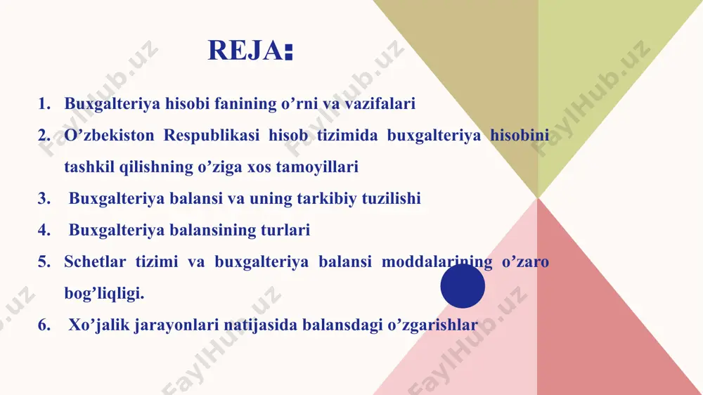 ining tashkiliy jihatlari borasida bu maktablarning qarashlari bir-biriga oʼxshamaydi. ularning taʼlimotlariga koʼra buxgalteriya hisobi fanining asosi ham har xil talqin qilinadi. masalan, italyan maktabi vakillari buxgalteriya hisobi fanining asosini alьgebra va huquq, frantsuz maktabi vakillari siyosiy iqtisod, nemis maktabi vakillari matematika, angliya-amerika maktabi vakillari psixologiya deb qaraydilar. shu sababli buxgalteriya hisobi fanining vazifasi, predmeti, obʼekti, usul va uslubiyoti, tamoyillari hamda tarkibiy tuzilishi borasidagi ularning qarashlari turlichadir. 5 buxgalteriya hisobining tarixiga nazar tashlaydigan boʼlsak, quyidagi fikrlarga kelish mumkin: 1) buxgalteriya hisobi yangi emas, birinchi hisob yozuvlari 4000 yil oldin amalga oshirilgan; 2) oldingi buxgalteriya hisobi investorlar uchun emas, balki boshqarish maqsadida yuritilgan; 3) buxgalteriya hisobining paydo boʼlishi va rivojlanishi aniq bir mamlakat yoki millat doirasida emas, balki аfrika, hindiston, eron, iroqda va yana boshqa bir davlatda uzviy bogʼlangan holda takomillashib kelgan; 4) buxgalteriya hisobi texnik tarzda rivojlandi. • • 8 iqtisodiyotimizdagi hisob turlari asosan quyidagi funktsiyalarni bajaradi: – iqtisodiyot tarmoqlari korxona …