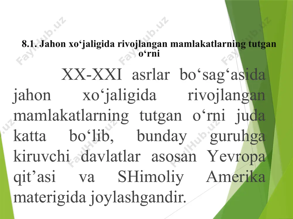 sqartirish imkoniyatiga ega bо‘lishgan edi. jahonning rivojlangan mamlakatlarining barchasida qayta ishlash sohalari yaxshi yо‘lga qо‘yilgan bо‘lib, ular asosan tejamkorlik bilan samarali foydalanishning ijtimoiy dasturlari asosida amalga oshirilmoqda. masalan, 90-yillar boshida aqshda qalayning 72-73% xom-ashyoga bо‘lgan talabi, misning 60% i, pо‘latning 50% i, oltinning 47%i, ruxning 43% i qayta ishlash sanoat korxonalari hisobiga qondirilgan edi. xullas, hozirgi kunda rivojlangan mamlakatlarning ishlab chiqarishida qimmatbaho nodir metallar о‘rnini bosuvchi mahsulotlarni kengroq ishlatilishi muhim rol о‘ynamoqda. jahon xо‘jaligi rivojlanishida yetakchi sanoati rivojlangan mamlakatlar (aqsh, gfr, yaponiya, buyuk britaniya, fransiya, kanada, italiya) iqtisodiyoti muhim rol о‘ynamoqda. ushbu mamlakatlar ulushiga rivojlangan davlatlarda ishlab chiqarilayotgan jami sanoat mahsulotlarning 79-80%i va dunyo mamlakatlarida ishlab chiqarilayotgan sanoat mahsulotlarning 59-60%i, tovarlar eksportining 60-61%i va xizmat kо‘rsatish sohalarning 49-50%i tо‘g‘ri kelmoqda 8.2. g‘arbiy yevropa davlatlarining jahon xо‘jaligidagi о‘rni jahon xо‘jaligi va ximda g‘arbiy yevropa mamlakatlarining iqtisodiy rivojlanishi alohida о‘rin egallaydi. hozirgi kunda g‘arbiy yevropa davlatlari hissasiga jahonda ishlab chiqarilayotgan jami yalpi …