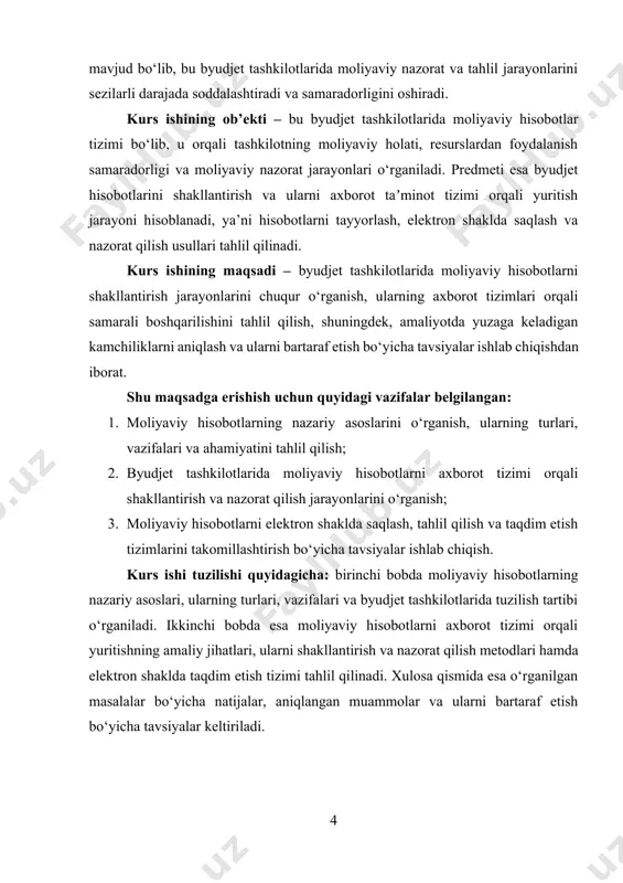 a qarzlari) to‘liq ko‘rsatiladi. shu bilan rahbariyat tashkilotning moliyaviy barqarorligini baholay oladi va kerak bo‘lsa, moliyaviy resurslarni qayta taqsimlash bo‘yicha qaror qabul qiladi[footnoteref:1]. [1: abdullayev, s. buxgalteriya hisobi va audit. – toshkent: iqtisodiyot, 2019. – 356 b.] ikkinchi vazifasi – moliyaviy natijalarni baholash va tahlil qilish imkoniyatini yaratish. daromad va xarajatlar hisoboti orqali tashkilotning yil davomida qancha mablag‘ kirim va chiqim qilgani, qancha foyda yoki zarar ko‘rganini aniqlash mumkin. masalan, bir byudjet tashkiloti yil davomida xizmatlar ko‘rsatishdan 1,5 milliard so‘m daromad olgan bo‘lsa, xarajatlar 1,2 milliard so‘mni tashkil qilsa, moliyaviy natija 300 million so‘m foyda sifatida aks etadi. bu esa moliyaviy samaradorlikni baholash imkonini beradi. uchinchi vazifasi – qaror qabul qilish jarayonini qo‘llab-quvvatlash. moliyaviy hisobotlar rahbariyatga kelajakdagi rejalashtirish va strategik qarorlarni qabul qilishda yordam beradi. masalan, pul oqimi hisoboti orqali tashkilotning naqd mablag‘ yetishmovchiligi yoki ortiqcha mablag‘ holatlari aniqlanadi, bu esa yangi loyihalarni moliyalashtirish yoki qisqartirish bo‘yicha qarorlar qabul qilish …