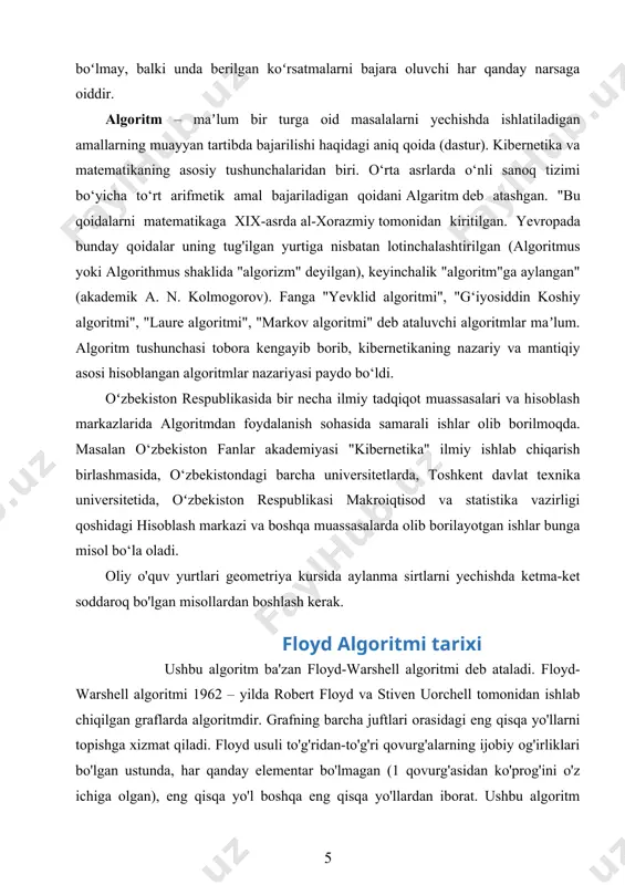 0 deb olib, 2-tugunga 10,1 nishon qo„yamiz va i 2 qiymat berib 2-qadamga o„tamiz. 3-qadam. k 3 va a3 c23 30 . 3-tugunni 30,2 nishon bilan belgilaymiz va i 3 deb olib 2-qadamga qaytamiz. 2-qadam. s3 (chunki с34 с35 0 ). 4-qadamga o„tamiz. 4-qadam. 3-tugun 30,2 nishoni oldingi uzel raqami r 2 ni ko„rsatadi. ushbu iteratsiyada 3-tugun keyinchalik e‟tiborga olmaymiz va uning nishonini chizib tashlaymiz. i r 2 deb olib, 2-qadamga qaytamiz. 2-qadam. s4 5 ( sababi 3-tugun mumkin bo„lgan o„tish yo„lidan chetlashtirilgan). 34-rasm. 3-qadam. k 5 va a5 c25 30 . 5-tugunga yo„liga ega bo„ldik. 5-qadamga o„tamiz. 5-qadam. n 1,2,5 va f min ,10,30 3 3 30,2 nishonnni qo„yamiz. o„tish 10 . n 3 o„tish yo„li bo„ylab qoldiq c12 , c21 10 10,10 10 0, 20 c25 , c25 30 10,0 10 20,10 4-iteratsiya ushbu iteratsiyada n4 1,3,2,5 yo„lga ega bo„lamiz va bunda f4 10 . 5- iteratsiya mazkur …