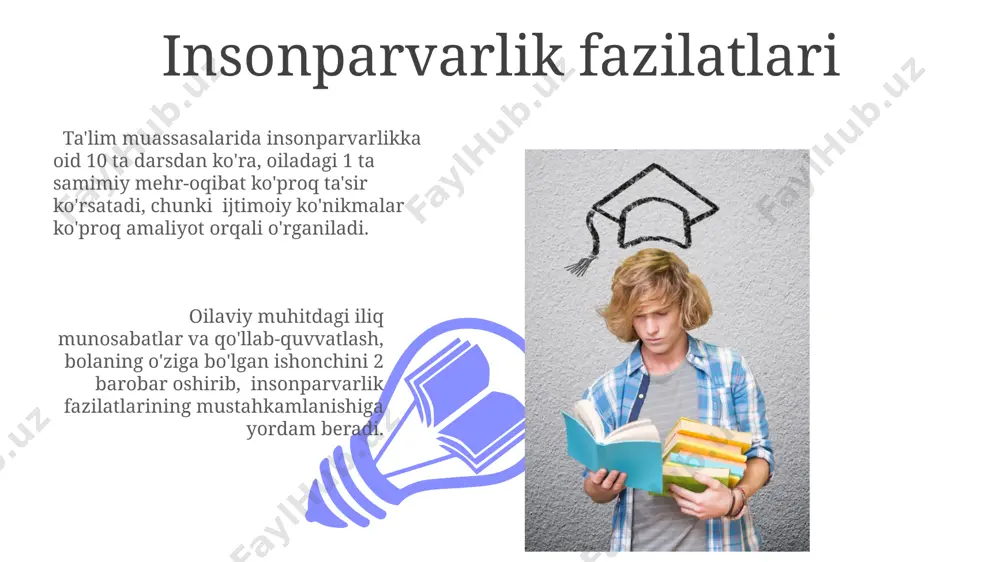 i bo‘lib, ota-onalarning munosabati va tarbiyasi 70% ta’sir ko‘rsatadi. mehnatsevarlikni tarbiyalash oilada mehnatsevarlikka oid 3 ta asosiy qoida – intizom, mas'uliyat va natijaga erishishga intilish – bolaning kelajakdagi muvaffaqiyatiga 85% ta'sir ko'rsatadi. mehnatsevarlikni tarbiyalashda 5 yoshgacha bo'lgan davrda bolaga oddiy uy ishlarini bajarishni o'rgatish, masalan, o'yinchoqlarini yig'ishtirish, 70% muvaffaqiyat kaliti hisoblanadi. o'z-o'zini boshqarish ko'nikmalari 01 02 ijtimoiy-emotsional aqlning rivojlanishi o'z-o'zini boshqarish bilan chambarchas bog'liqdir. yuqori darajadagi ijtimoiy-emotsional aql stress darajasini 30% ga kamaytirishi mumkin. sales 1st qtr 2nd qtr 100 0 sales 1st qtr 2nd qtr 100 0 ijtimoiy moslashuvchanlik ijtimoiy moslashuvchanlikning yuqori darajasi, o‘rtacha 70% ga yaqin, bolalikdagi oilaviy muhit va tarbiyaning samarali ta’siri bilan bog‘liq bo‘lib, shaxsning jamiyatga integratsiyasi uchun muhim omil hisoblanadi. ijtimoiy moslashuvchanlik indeksining 60% gacha bo‘lgan qismi bolaning dastlabki 5 yillik hayotining oilaviy muhitida o‘tkazgan vaqti bilan bevosita bog‘liq bo‘lib, keyingi ta’lim jarayonlaridan ko‘ra kuchliroq ta’sir ko‘rsatadi. mas'uliyat tuyg'usini rivojlantirish oilaviy mas'uliyatlarni taqsimlash, masalan, har …