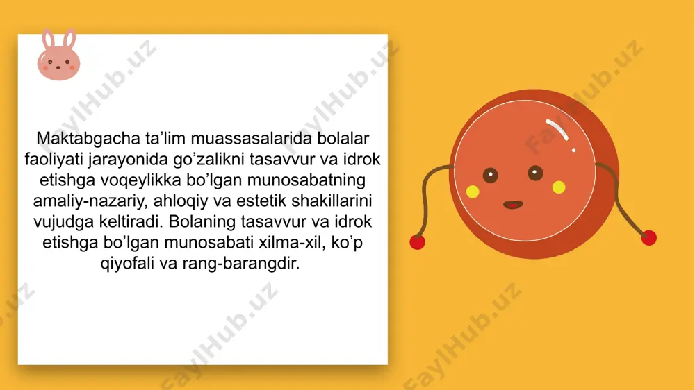 tini shakilantirish, oilasi, qadirdon uyi, bolalar maktabgacha ta’lim muassasasi, tug’ulgan yurtini sevish va ardoqlashni sindirishdan iboratdir. 9 e'tiboringiz uchun rahmat! 10 image7.png image8.png image1.png image2.png image3.png image4.png image5.png image6.png image9.png image10.png image11.png