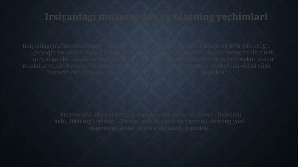 etsessiv irsiyatda, kasallik geni x xromosomasida joylashgan bo'lib, asosan erkaklarda kuzatiladi va onadan o'g'il farzandlariga 50% ehtimol bilan o'tadi. polimorfizm turlari parametrlashtirilgan polimorfizm (generic programming) orqali turli ma'lumot turlarida ishlaydigan funksiyalar yoki klasslarni yaratish mumkin, bu esa kod qayta ishlanishini 30% ga oshiradi. polimorfizmning asosiy turlaridan biri — kompozitsiya orqali polimorfizm bo'lib, unda 2 yoki undan ortiq sinflar o'zaro bog'langan holda ishlaydi va shu orqali turli xil xatti-harakatlarni namoyon etadi. dinamik polimorfizm, virtual funksiyalar orqali amalga oshiriladi va obyektning turini bajarilish vaqtida aniqlashga imkon beradi, bu esa 1 dan ortiq xatti-harakatni ta'minlaydi. amaliy qo'llanmalar va misollar grafik interfeyslarni yaratishda, turli xil tugmalar (10 dan ortiq turdagi tugmalar) uchun umumiy xususiyatlarni ota-sinfda aniqlab, farqlovchi xususiyatlarni bolasinflarda polymorphism orqali amalga oshirish mumkin. avtomobil ishlab chiqarishda, turli xil avtomobil modellari (5 ta model) uchun umumiy xususiyatlarni (dvigateli, shinalari) ota-sinfda belgilaymiz va har bir modelning o'ziga xos xususiyatlarini (narxi, rangi) polymorphism orqali qo'shamiz. ob'ektga …