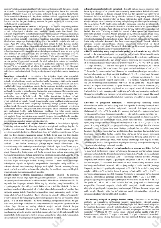 i ustidan nazorat olib borish va foiz stavkalarini belgilashdir. tijorat banklari esa jismoniy va yuridik shaxslarga moliyaviy xizmatlar ko‘rsatadi. ular universal banklar va ixtisoslashgan banklarga bo‘linadi. universal banklar keng doiradagi xizmatlar ko‘rsatsa, ixtisoslashgan banklar ma’lum sohalarga xizmat qiladi, masalan, qurilish, eksport-import banklari. tijorat banklarining asosiy funksiyalari quyidagilardan iborat: aholidan omonatlarni jalb qilish, kreditlar berish, to‘lovlarni amalga oshirish, hisob-kitob operatsiyalarini bajarish, valyuta ayirboshlash xizmatlari va moliyaviy maslahatlar berish. shu tariqa bank tizimi iqtisodiyotning yuragi bo‘lib xizmat qiladi. 2.budjet taqchilligi (defitsiti) va ortiqchaligi (profesiti)ning mohiyatini va kelib chiqishi sabablarini tushuntirib bering. - budjet – bu davlatning yillik daromad va xarajatlari rejasidir. budjet holati ikki xil bo‘lishi mumkin: taqchillik (defitsit) yoki ortiqchalik (profitsit). agar budjet daromadlari xarajatlardan kam bo‘lsa, budjet taqchilligi yuzaga keladi. aksincha, agar daromadlar ko‘p bo‘lsa, budjet ortiqchaligi vujudga keladi. bu holatlar ko‘pincha soliq tushumlari va budjet xarajatlarining o‘zgarishi bilan bog‘liq. taqchillikning bir necha sabablari bo‘ladi. masalan, daromadlarning kamayishi, soliq tushumlarining …