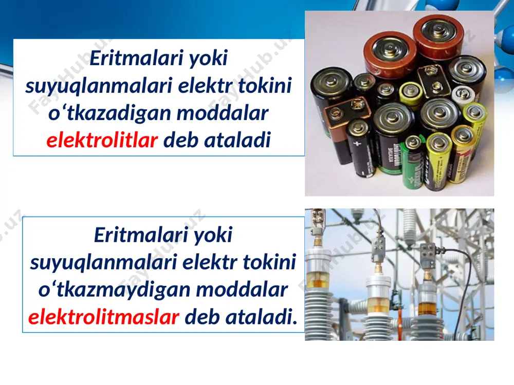 trod-anodga, musbat zaryadlangan ionlar elektrod-katodga tomon harakat qiladi. elektrolitik dissotsiatsiyalanish – qaytar jarayon bo‘lib, kation va anionlar eritmada uchrashganda yana bir-biriga tortiladi va molekula hosil qiladi. ion va molekulalar eritmada dinamik (harakatdagi) muvozanatda bo‘ladi. shuning uchun elektrolitik dissotsiatsiyalanish tenglamalariga qaytarlik belgisi qo‘yiladi: nacl ←→ na++cl– koh ←→ k++oh– hno3 ←→ h++no–3 ma’lum haroratda dissotsiatsiyalangan molekulalar sonining erigan moddaning dastlabki molekulalari soniga nisbati elektrolitning dissotsiatsiyalanish darajasi (α) deb ataladi. image2.jpeg image3.jpeg image4.jpeg image5.jpeg image6.jpeg image7.jpeg image8.jpeg image9.jpeg image10.jpeg image11.png image12.png image13.png image14.jpeg image15.jpeg image16.jpeg image17.jpeg image18.jpeg image19.png image20.jpeg image21.jpeg image1.jpeg /docprops/thumbnail.jpeg