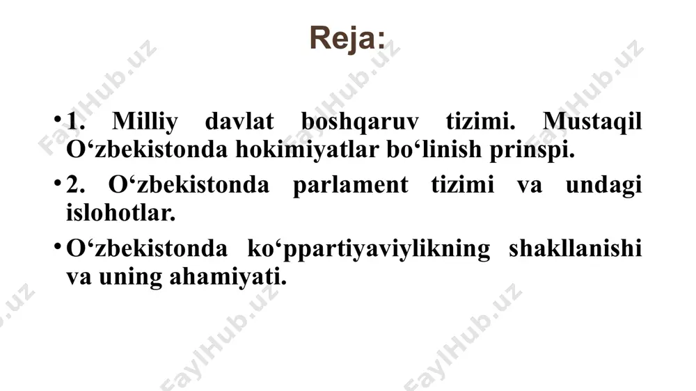 zbekiston tarixi mustaqil davlatning iqtisodiy-siyosiy va ma’naviy hayotini yangicha asoslarda shakllantirishda bosh-qosh bo‘ldi. uning boshchiligida huquqiy demokratik davlat asoslari barpo etildi davlat boshqaruvi, jamiyatning barcha sohalarida tub islohotlar o‘tkazilda va modernizatsiya qilindi uning rahbarligida o‘zbek xalqi talofat va qurbonlarsiz o‘tish davrini boshidan kechirdi islom karimov tahlikali, o‘zbekistonga tashqi xavflarning kuchaygan davrida ham mamlakat ichkarisida tinchlik va barqarorlikni o‘rnatdi 8 o’zbekiston tarixi 1991 - yil 29 dekabr kuni muqobyillik asosida o’zbekiston respublikasi prezidenti salovi bo’lib o’tdi. prezidentlikka nomzod i.karimov uchun ovoz berishda qatnashganlarning 86 foizi ovoz berdi. markazi salov komissiyasi salov yakunlarini ko’rib chiqib, i.a.karimovni 1991 - yil 29 dekabrdan o’zbekiston respublikasining prezidenti lavozimiga saylangan, deb xisoblashga qaror qildi. 1. 1991 yil 5-sentabr lenin maydoniga “mustaqillik maydoni” nomi berildi 2. 1992 yil 8-dekabr oliy kengashning xii chaqiriq xi sessiyasida 6 bo’lim, 26 bob, 128 moddadan iborat konstitutsiyamiz qabul qilindi 3. 1991 yil 18 noyabr “o’zbekiton respublikasi prezidentligiga saylov to’g’risida qonun” qabul …