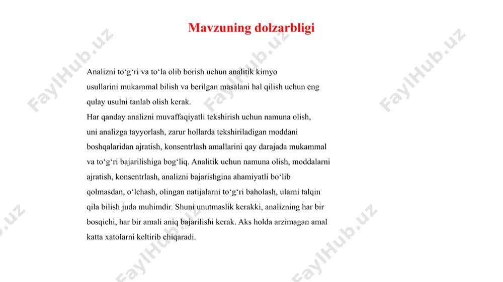 tuzi eritmasidan probirkaga 5-6 tomchi solib, ustiga shuncha tomchi kaliy digidroantimonat eritmasidan qo‘shiladi va shisha tayoqcha yordamida probirkaning aralashma turgan qismidagi ichki devoiri yuzasi ishqalanadi. hosil bo‘lgan natriy digidroantimonatning oq kristall chokmasi tushadi. kaliy k+ kationing xususiy reaksiyalari 1.natriy geksanitrokobaltat (iii) na3[co(no2)6] k+ kationi bilan qo‘sh tuzning yorqin sariq kristall cho‘kmasini hosil qiladi: 2kno3 + na3[co(no2)6] = k2na[co(no2)6]↓+ 2nano3 reaksiya ph=7, yangi tayyorlangan na3[co(no2)6] eritmasi yordamida olib boriladi . ii guruh kationlarining analitik reaksiyalari ii analitik guruh kationlarining guruh reaktivi 2 mol/dm3 hcl yoki uning tuzlari bo‘lib, ular ag+ , hg2 2+, pb2+ bilan suvda qiyin eriydigan xloridlarni hosil qiladi. qo‘rg‘oshin xloridni eruvchanligi kumush xlorid va simob (i) xloridganisbatan yuqori. shuning uchun qo‘rg‘oshin ionining ma’lum bir qismi eritmada qolib ketadi. kumush, simob (i) va qo‘rg‘oshinning nitratli tuzlari suvda yaxshi eriydi. sulfatli birikmalarni eruvchanligi ag+ → hg2 2+ → pb2+ ga qadar kamayadi. ag+ kationining reaksiyalari kumush ioni suvli eritmalarda rangsiz, …