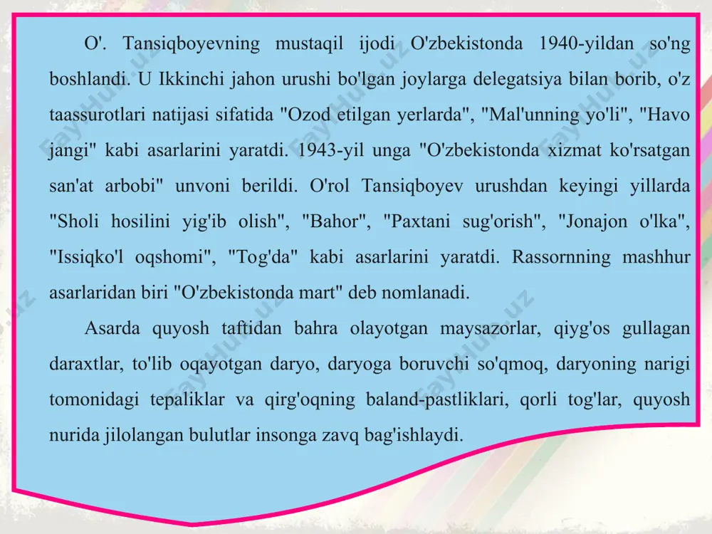 va tarixiy voqealarni tasvirlab, asar yaratishga qiziqar edi. tarixiy shaxslar portretini yaratish murakkab bo'lishiga qaramay, rassom tinimsiz mehnati, ijodiy izlanishlari tufayli buyuk siymolar portretlaririi yuksak darajada yarata oldi. bobur siymosini yaratish jarayonida bir necha yillar ijodiy izlanishlar olib bordi. u bobur yashagan andijon, samarqand shaharlarida, shuningdek, afg'oniston, hindiston kabi mamlakatlarda xizmat safarida bo'lib, bobur haqida ishlangan miniatyura asarlarini chuqur o'rgandi. rassomning tinimsiz izlanishlari, mehnati natijasida 1962-yil zahiriddin muhammad bobur portreti yaratildi. keng jamoatchilik asarni olqishladi. 1973-yil beruniy tavalludining 1000 yilligi munosabati bilan, beruniy portretini yaratish bo'yicha tanlov o'tkazildi. malik nabiyev ishlagan beruniy portreti tanlovda birinchi o'rinni oldi. bu portret haqida yuneskoning "kurer" jurnali, shuningdek, xorijiy mamlakatlarning jurnal va gazetalarida maqola chop ettirdi. m. nabiyev ijodidagi eng mashhur tarixiy shaxslar portretlaridan biri - 1993-yilda yaratilgan "amir temur" dastgohli rangtasvir portretidir. rassom amir temurdek buyuk siymoning portretini yaratish uchun ellik yildan ortiq vaqt sarfladi. 1941-yil amir temur qabri ochilib, bosh suyagi olinadi. …