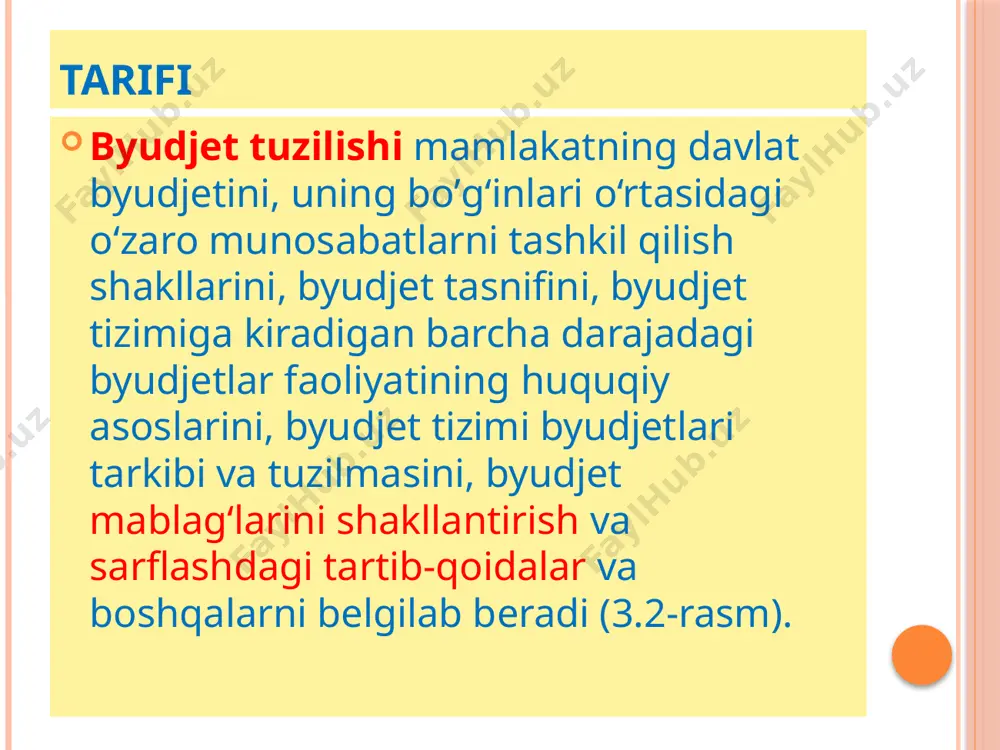va boshqa majburiy to‘lovlarning turlari umumiy tartibda to‘lanadigan soliqlar soddalashtirilgan tartibda to‘lanadigan soliqlar boshqa majburiy to‘lovlar yuridik shaxslardan foyda solig‘i; jismoniy shaxslardan da- romad solig‘i; qo‘shilgan qiymat solig‘i; aksiz solig‘i; yer qa’ridan foydalanuvchilar uchun soliqlar va maxsus to‘lovlar; suv resurslaridan foyda- langanlik uchun soliq; mol-mulk solig‘i; yer solig‘i; benzin, dizel yoqilg‘isi va gaz uchun soliq. yagona soliq to‘lovi; yagona yer solig‘i; tadbirkorlik faoliyatining ayrim turdagi tovarlar bilan chakana savdo qilish va ayrim turdagi xizmatlarni ko‘rsatish huquqi uchun yig‘im davlat boji; bojxona to‘lovlari; ayrim bilan qilish turdagi tovarlar chakana savdo va xizmatlarni ko‘rsatish huquqi uchun yig‘im ijtimoiy jamg‘armalarga majburiy to‘lovlar; respublika yo‘l jamg‘armasiga majburiy to‘lovlar davlat maqsadli jamg‘armalariga majburiy to‘lovlar soliqlarlarning guruhlanishi soliqqa tortish obyektiga ko‘ra iqtisodiy mohiyatiga ko‘ra to‘g‘ri (bevosita) soliqlar byudjet tizimi darajalari daromadlarini shakllantirishiga ko‘ra umumdavlat soliqlari to‘lovchisiga ko‘ra yuridik shaxslar to‘laydigan soliqlar oborotdan olinadigan soliqlar daromaddan olinadigan soliqlar mol-mulk qiymatidan olinadigan soliqlar yer maydoniga qarab olinadigan soliqlar …