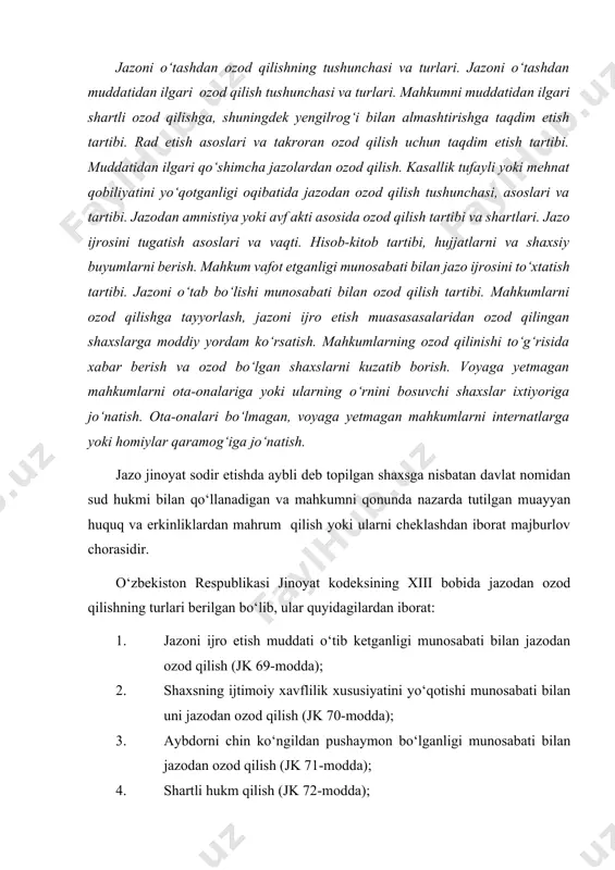 aybdorni chin ko‘ngildan pushaymon bo‘lganligi munosabati bilan jazodan ozod qilish (jk 71-modda); 1. shartli hukm qilish (jk 72-modda); 1. jazoni o‘tashdan muddatidan ilgari shartli ozod qilish (jk 73-modda, jk 89-modda); 1. jazoni yengilrog‘i bilan almashtirish (jk 74-modda, jk 90-modda); 1. kasallik yoki mehnat qobiliyatini yo‘qotish oqibatida jazodan ozod qilish (jk 75-modda); 1. amnistiya akti yoki afv etish asosida jazodan ozod qilish; 1. majburlov choralarini qo‘llagan holda javobgarlikdan yoki jazodan ozod qilish. umumiy asosda, sud tomonidan belgilangan jazo muddatini to‘liq o‘tab bo‘lganlik jazoni o‘tashdan ozod qilishning mazmun-mohiyatini qamrab oladi. jazo muddatini to‘liq o‘tab bo‘lganlikni yoki umuman, tegishlicha sud tayinlagan jazo muddatlarini aniq hisoblash uchun mahkumlarni jazoni ijro etish muassasalariga qabul qilishni belgilangan tartibda tashkil etish lozim. jazoni ijro etish koloniyasiga qabul qilingan har bir mahkum to‘g‘risidagi ma’lumotlar mahkumlarning harakati hisobini yuritish hamda mahkumlarning shaxsiy hujjatlar yig‘ma jildlarini qayd etish daftariga kiritib boriladi, muassasaga kelgan shaxslarga armatura kartochkalari bilan shaxsiy hisob varaqlar …