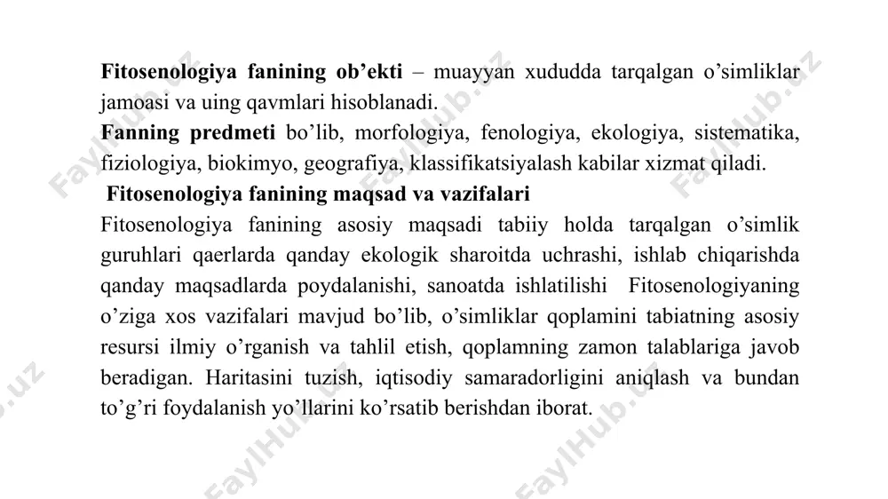ning o’z hayot sikli, yani ontogenezida ma’lum muxitda o’sish va rivojlanish natijasida paydo bo’lgan o’simliklar jamoasining umumiy qiyofasiga aytiladi. bu klassifikatsiya yangilanib turuvchi organlarning, ayniqsa, kurtakning yashashi va joylashuviga asoslanganligi bilan ham juda muhimdir. 1. fanerofitlar-kurtaklari yer yuzasidan ancha yuqorida joylashgan bo’lib, ko’zga yaqqol tashlanadi. faneros - yaqqol ko’rinib turuvchi demakdir. bularga, asosan, daraxt va butalar kirib, qishda barglarini to’kadi. shox-shabbalari va novdalarini sovuq deyarli urmaydi. bu tipning 15 ta kichik tiplari mavjud. 2. xamefitlar-bu guruhga ba’zi bir buta va chala buta turlari kirib yangilanish kurtaklari yer yuzasiga ancha yaqin joylashadi. bunday turlarning organlari tashqi tomoni tangachalar bilan qoplangan bo’ladi. qish mavsumida qor tagida qoladi. ammo novdalari nobud bo’lmaydi. xeme-past, yer bag’irlovchi degan manoni bildiradi. bu tup 4 ta kichik tiplarga bo’linadi. 3. gemikrofitlar-bu guruh vakillariningyangilanish kurtagi yer yuzasi bilan barobar joylashadi. yer ustipoyasi va novdalari qurib qoladi. qurigan novda va poyalar qoldig’i yangilanuvchi kurtaklarni qoplab oladi. bularga, asosan, ko’pyillik …
