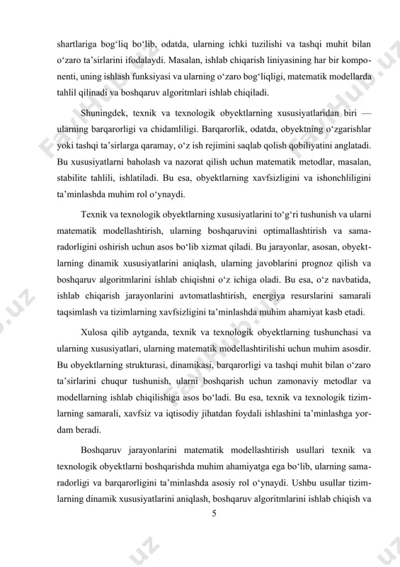 oshqaruv algoritmlarini ishlab chiqish mumkin bo‘ladi. boshqaruv tizimlarining stabilitetini ta’minlashda modellash muhim rol o‘ynaydi. stabil tizimlar harakat davomida xatoliklarni minimal darajada saqlab, ma’lum holatda barqaror holatni saqlab turadi. bu yerda lyapunov metodlari va boshqa stabilitet nazariyasi usullari keng qo‘llaniladi. ularning yordamida tizimning barqarorligi, ya’ni, har qanday boshlang‘ich sharoitda ham u ma’lum holatda qolishi yoki muayyan chegaralar doirasida harakat qilishini ta’minlash mumkin. matematik modellashning yana bir muhim aspekti — optimallashtirish. bu jarayon tizim parametrlari va boshqaruv algoritmlarini tanlash orqali, maksimal samaradorlik va minimal xarajatlarni ta’minlashga qaratilgan. masalan, ishlab chiqarish liniyasida, maksimal ishlab chiqarish quvvatini ta’minlash uchun optimallashtirish modellari ishlab chiqiladi. bu modellarda resurslarning samarali taqsimoti, energiya sarfi va ishlab chiqarish jarayonining uzluksizligi hisobga olinadi. bunday modellash usullari yordamida boshqaruv tizimlarining iqtisodiy va texnik samaradorligi oshiriladi. ehtimollik va statistik metodlar, ayniqsa, noaniqlik va shovqinli sharoitlarda tizimlarni boshqarishda muhim ahamiyat kasb etadi. bu metodlar yordamida model parametrlarining noaniqligi va tashqi shovqinlar hisobga olinadi, …