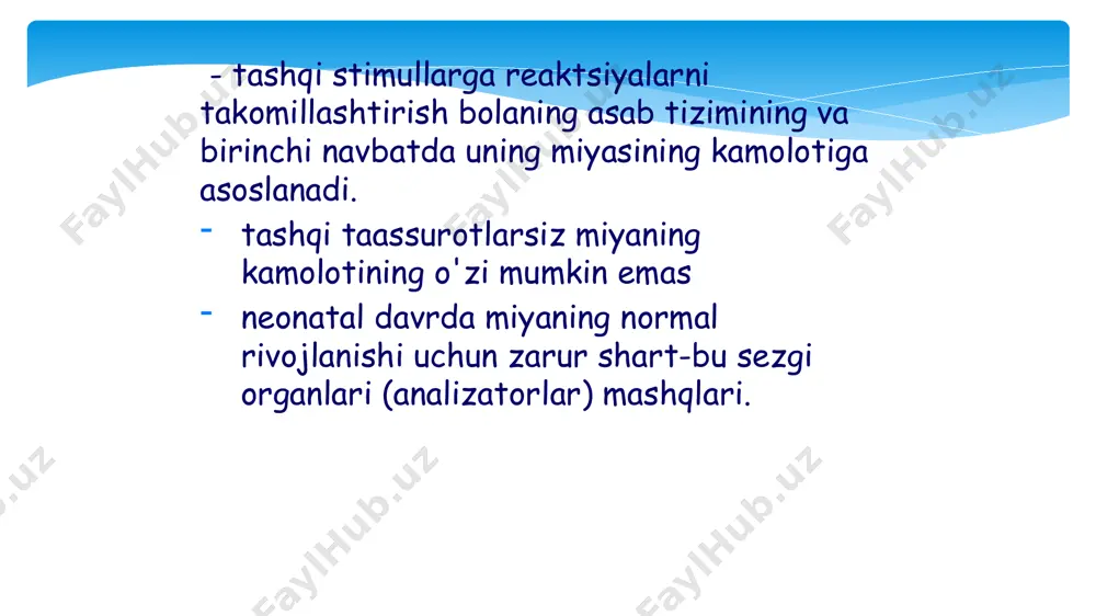 ntirish ob'ektlarning xususiyatlari va munosabatlarida bolaning yo'nalishini shakllantirish harakatning yangi turlarini o'zlashtirishga va ularni takomillashtirishga bog'liq. - yo'nalishni ajratish qiyin: diqqat, idrok, fikrlash, xotira va boshqalar. yilning birinchi yarmida bola hali ob'ektlarni va ularning xususiyatlarini idrok eta olmaydi yilning ikkinchi yarmida bola allaqachon ob'ektlar va ularning xususiyatlari o'rtasidagi eng oddiy aloqalar va munosabatlarni o'rnatishga asoslangan harakatlarni amalga oshirishga qodir, ya'ni. aqliy harakatlar bolalikning oxiriga kelib, bola atrofdagi dunyo haqida dastlabki g'oyalarni rivojlantiradi, bu esa uni boshqarishga imkon beradi hayotning birinchi yilidagi inqiroz hayotning birinchi yilining oxiriga kelib, chaqaloq o'zini mustaqil mavzu sifatida boshdan kechiradi. bola xarakterlidir: o'jarlik, negativizm. yangi ko'nikmalar, xarakter xususiyatlari, xulq-atvor xususiyatlari paydo bo'ladi. kelajakda chaqaloq qanday bo'lishi hayotning birinchi yilida kattalar va bola o'rtasidagi munosabatlarga bog'liq. xulosa faoliyatning asosiy turi: to'g'ridan-to'g'ri-hissiy aloqa - mavzu-manipulyativ faoliyat asosiy aqliy o'zgarishlar: - tik turish- avtonom vaziyatli nutq rivojlanishning kechikishi quyidagi sabablarga ko'ra yuzaga kelishi mumkin: mahrumlik: sensor - hissiy - …