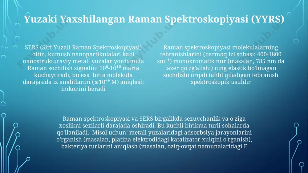 slash orqali aniqlaydi kimyoda qo'llanilishi raman spektroskopiyasi kimyoviy tahlilda, molekulalarni ularning tebranish izlari orqali aniqlashda keng qo'llaniladi. kvantitativ tahlil (masalan, aralashmadagi analit konsentratsiyasini aniqlash) kemometrik usullar va kalibrlash egri chiziqlari yordamida muntazam ravishda amalga oshiriladi o'rinli raman spektroskopiyasi kimyoviy reaksiyalarni real vaqtda tahlil qilish imkonini beradi. sers (yuzaki kuchaygan raman spektroskopiyasi) signal kuchini sezilarli darajada oshirib, nanomolyar konsentratsiyalarda iz elementlarini (masalan, qishloq xo'jaligi mahsulotlaridagi pestitsid qoldiqlarini) aniqlash imkonini beradi. sers raman sochilishini kuchaytirish uchun plazmonik nanopartikulalardan (masalan, oltin yoki kumush) foydalanadi qiyinchiliklar va kelajakdagi yo'nalishlar yuzaki kuchaygan raman spektroskopiyasi (yks) takrorlanuvchanlik va katta maydonlarda bir xil kuchayishga erishishda qiyinchiliklarga duch keladi; kelajakdagi yo'nalishlar missippi daryosidan olingan suv namunalaridagi ifloslantiruvchi moddalarning (masalan, ppb darajasida) aniqlanishi va biotibbiy diagnostika (masalan, qon namunalarida saraton hujayralarini aniqlash) kabi qo'llanmalar uchun yaxshilangan barqarorlik va sezgirlikka ega yangi yks substratlarini (masalan, kremniy plastinkalardagi plazmonik nanostrukturani) ishlab chiqishni o'z ichiga oladi giper spektral raman tasvirlash (gsrt) hozirda …