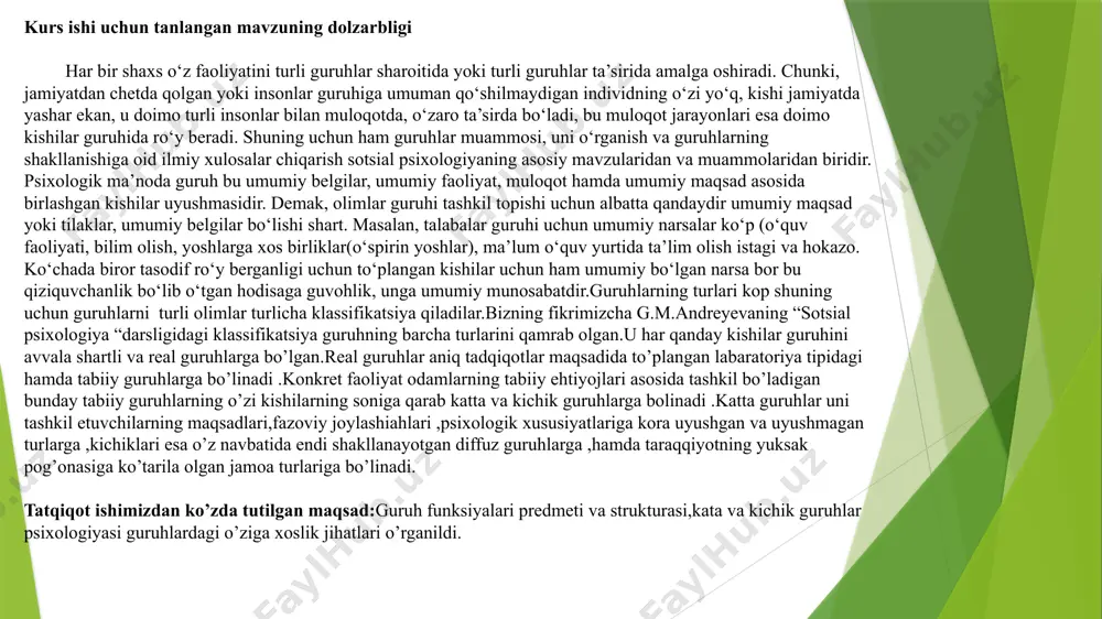 olarining mavqelarining umumiyligi statusli iyerarxiyani belgilaydi, ular quyidagilar bilan ajralib turadi: a) sotsiometrik “yulduzlar” – iyerarxiyaning yuqori qismida turgan guruhning eng ko‘p tanlangan a’zolari; b) ijobiy holatlar soni bilan belgilanadigan va ko‘p sonli rad etishlarga ega bo‘lmagan yuqori, o‘rtacha va past mavqeli; c) ajratilgan – ijobiy ham salbiy ham tanlovga ega bo‘lmagan guruh a’zolari; g) e’tiborsiz qoldirilgan – ko‘p sonli salbiy va oz miqdordagi ijobiy tanlovlarga ega bo‘lgan guruh a’zolari; e) rad etilgan – sotsiometriya natijalariga ko‘ra ijobiy tanlovlarga ega bo‘lmagan, biroq faqat salbiy tanlovga ega bo‘lgan guruh a’zolari. biroq, sotsiometrik mavqening miqdorini bilish guruhdagi hissiy munosabatlar tizimi to‘g‘risida aniq tasavvurga ega bo‘lish uchun yetarli emas. guruh o’lchamlari va tizimi . guruhlar ulardagi odamlar soniga ko‘ra katta va kichik guruhlarga bo‘linadi. psixologiyada ko‘proq kichik guruhlar o‘rganiladi. uni necha kishi tashkil etishi, necha kishi hamkorlikdagi faolityati ko‘proq samara berishi masalasi amaliy ahamiyatga egadir. ko‘pchilik olimlar guruhning boshlang‘ich nuqtasi sifatida miqdor jihatdan …